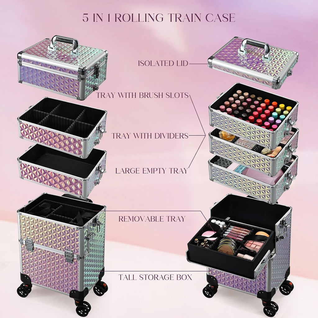 Yueieoun 5 in 1 Rolling Makeup Case, Cosmetology Case on Wheels Travel Make up Train Case Nail Cart Makeup Organizer Cosmetic Storage Box Cases Extra Large Trolley Truck with 360° Swivel Wheels, Pink