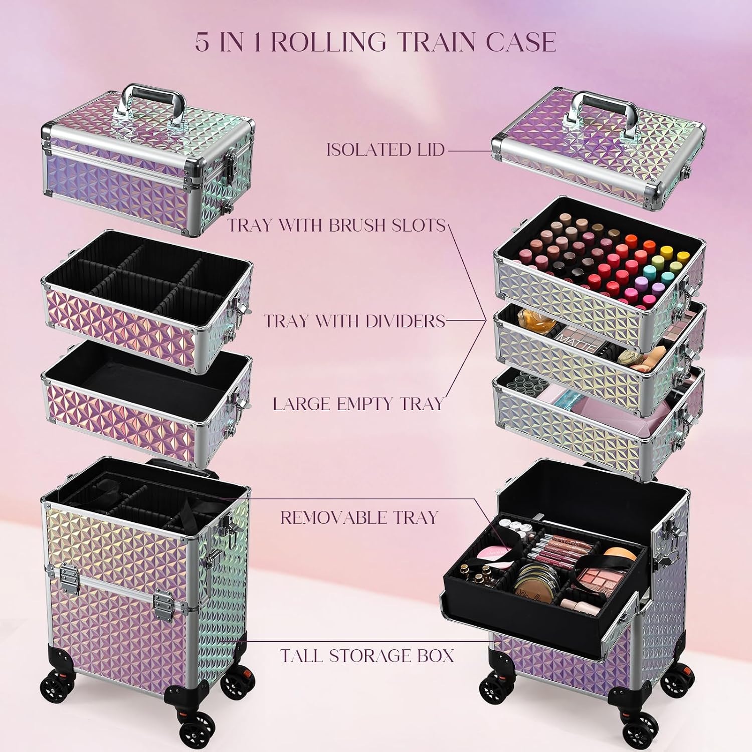 Yueieoun 5 in 1 Rolling Makeup Case, Cosmetology Case on Wheels Travel Make up Train Case Nail Cart Makeup Organizer Cosmetic Storage Box Cases Extra Large Trolley Truck with 360° Swivel Wheels, Pink