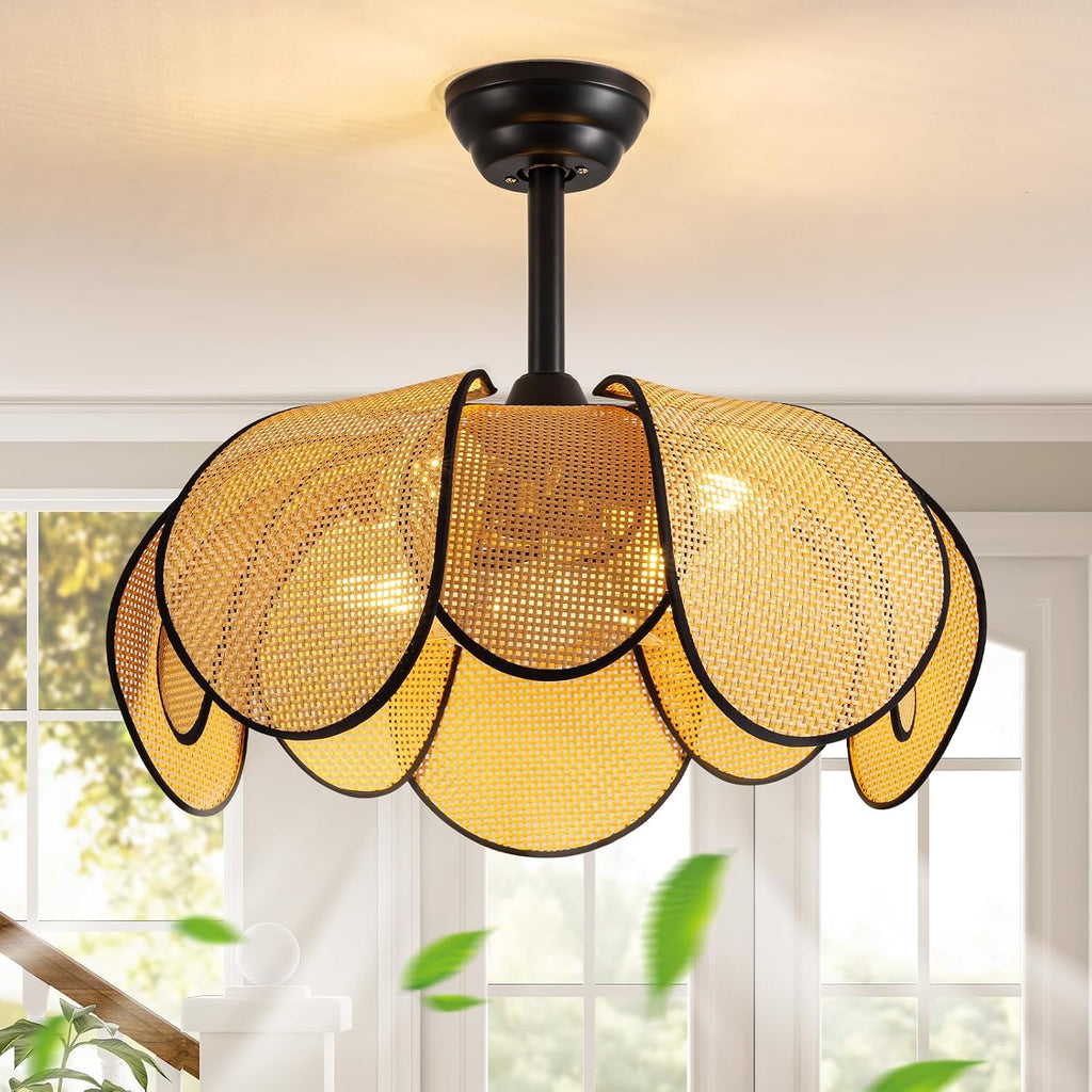 Rattan Fandelier Ceiling Fans with Lights,Boho Black Chandelier Ceiling Fan with Light Remote,Flush Mount Chandelier Ceiling Fan with 6 Speeds Fandelier for Bedroom, Living Room,Kitchen,26inch