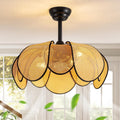 Rattan Fandelier Ceiling Fans with Lights,Boho Black Chandelier Ceiling Fan with Light Remote,Flush Mount Chandelier Ceiling Fan with 6 Speeds Fandelier for Bedroom, Living Room,Kitchen,26inch