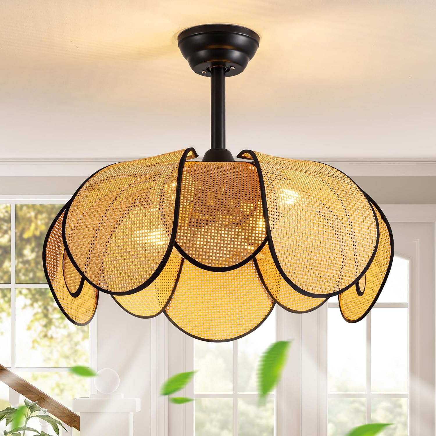 Rattan Fandelier Ceiling Fans with Lights,Boho Black Chandelier Ceiling Fan with Light Remote,Flush Mount Chandelier Ceiling Fan with 6 Speeds Fandelier for Bedroom, Living Room,Kitchen,26inch
