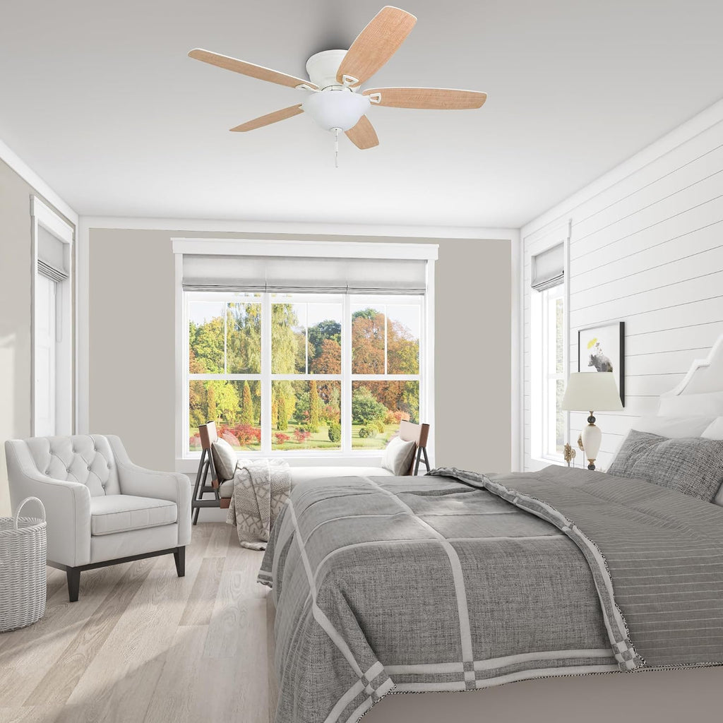 Honeywell Glen Alden 52 Inch Indoor LED Ceiling Fan with Bowl Light, Pull Chain Control, 5 Dual-Finish Blades, Quiet Reversible Motor, White