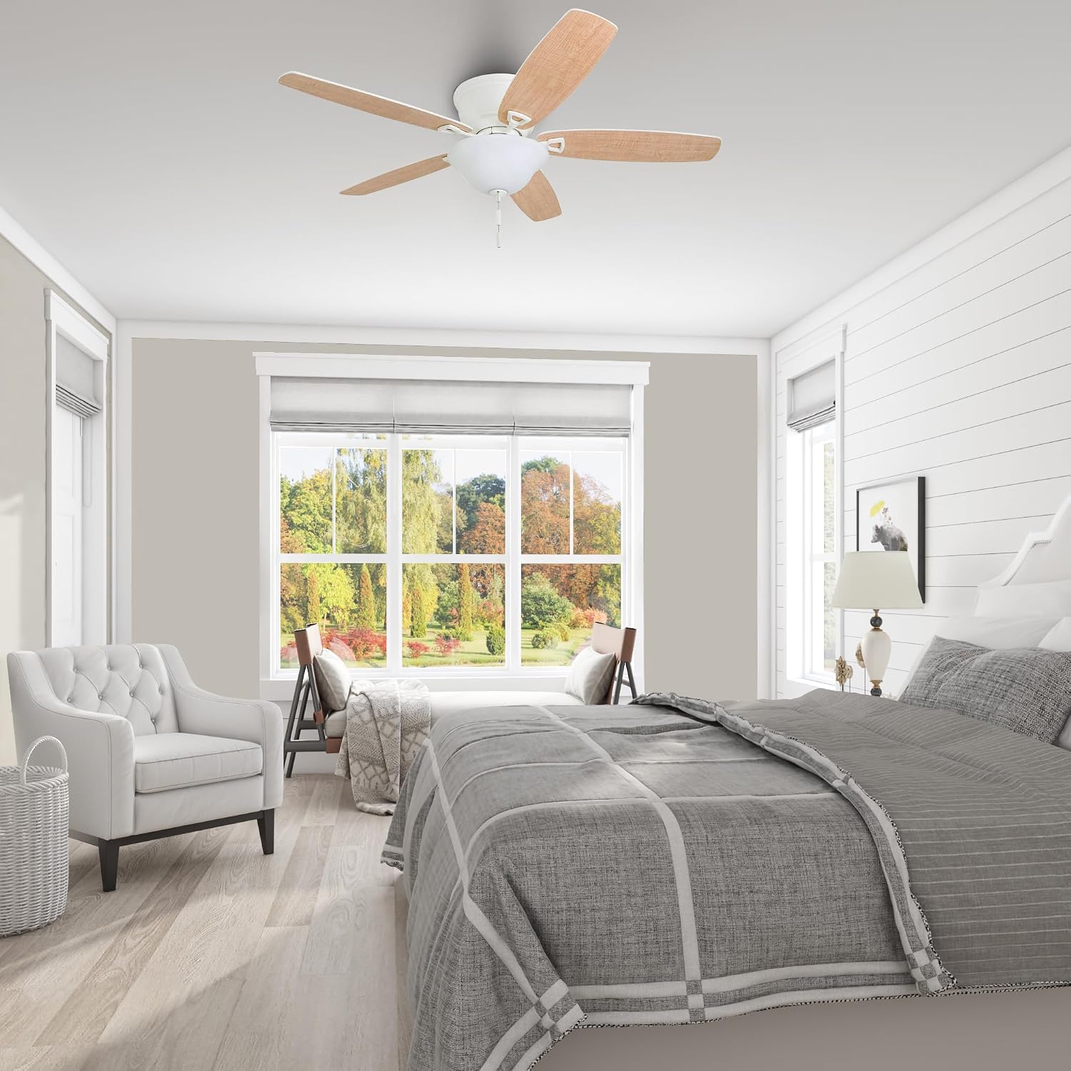 Honeywell Glen Alden 52 Inch Indoor LED Ceiling Fan with Bowl Light, Pull Chain Control, 5 Dual-Finish Blades, Quiet Reversible Motor, White