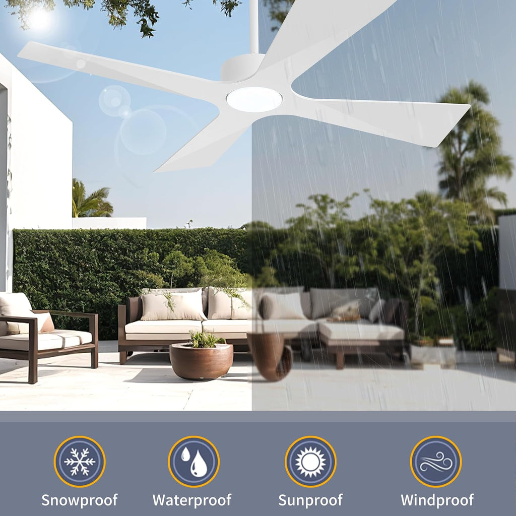 WINGBO 54' Wet Rated Outdoor Ceiling Fan with Lights, 4 ABS Plastic Blades, Reversible DC Motor, 6-Speed Remote Control, 3 CCT, Waterproof Ceiling Fan for Patio Porch Gazebo Garage, Gloss White