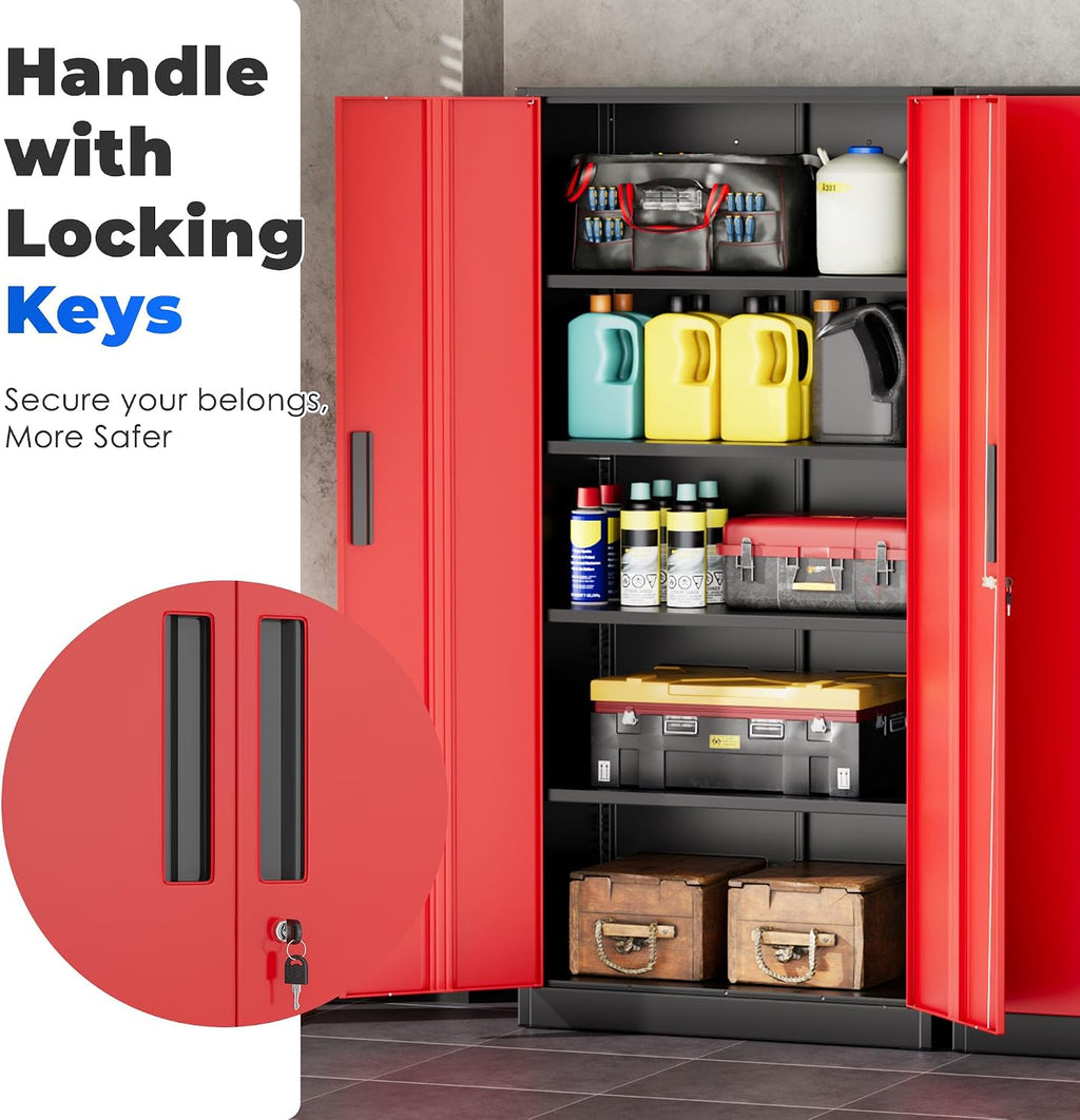 INTERGREAT Storage Cabinet with Doors and Shelves, Metal Garage Storage Cabinets with Lock, Black Lockable Steel Supply Cabinet for Home Office, Warehouse (Black Red)