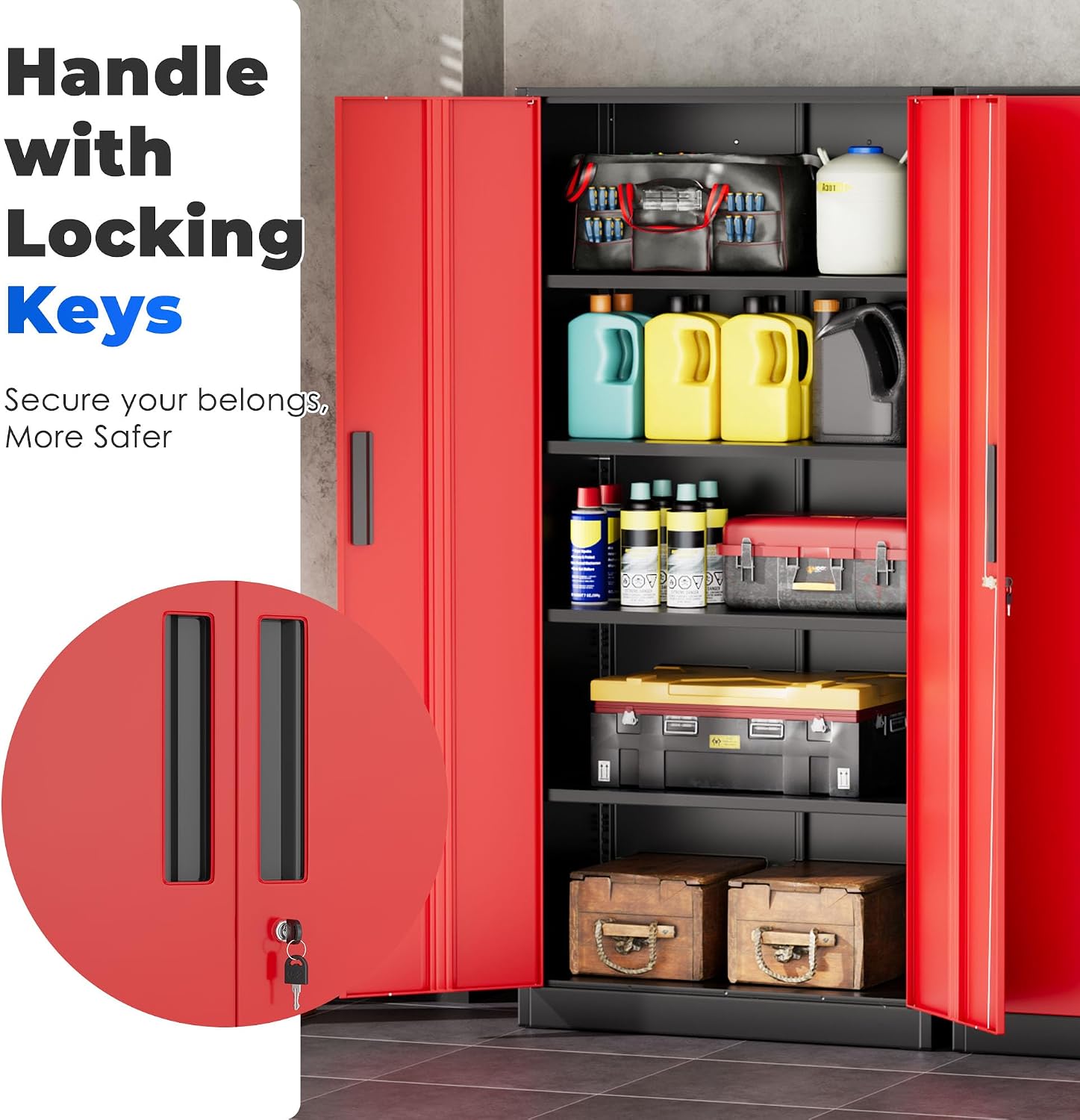 INTERGREAT Storage Cabinet with Doors and Shelves, Metal Garage Storage Cabinets with Lock, Black Lockable Steel Supply Cabinet for Home Office, Warehouse (Black Red)
