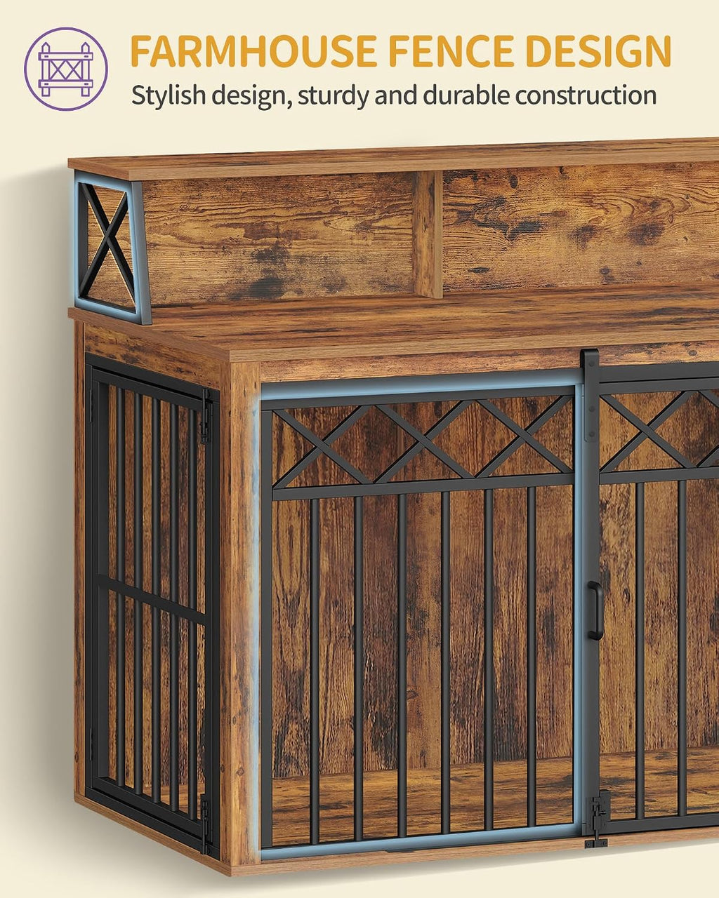 Hzuaneri 39.4'' Dog Crate Furniture, Large Wooden Dog Crate with Storage and 3 Doors, Indoor Kennel for Medium/Large Dogs, End Table with Barn Door, Chew-Proof and Escape-Proof, Rustic Brown DFC87401B