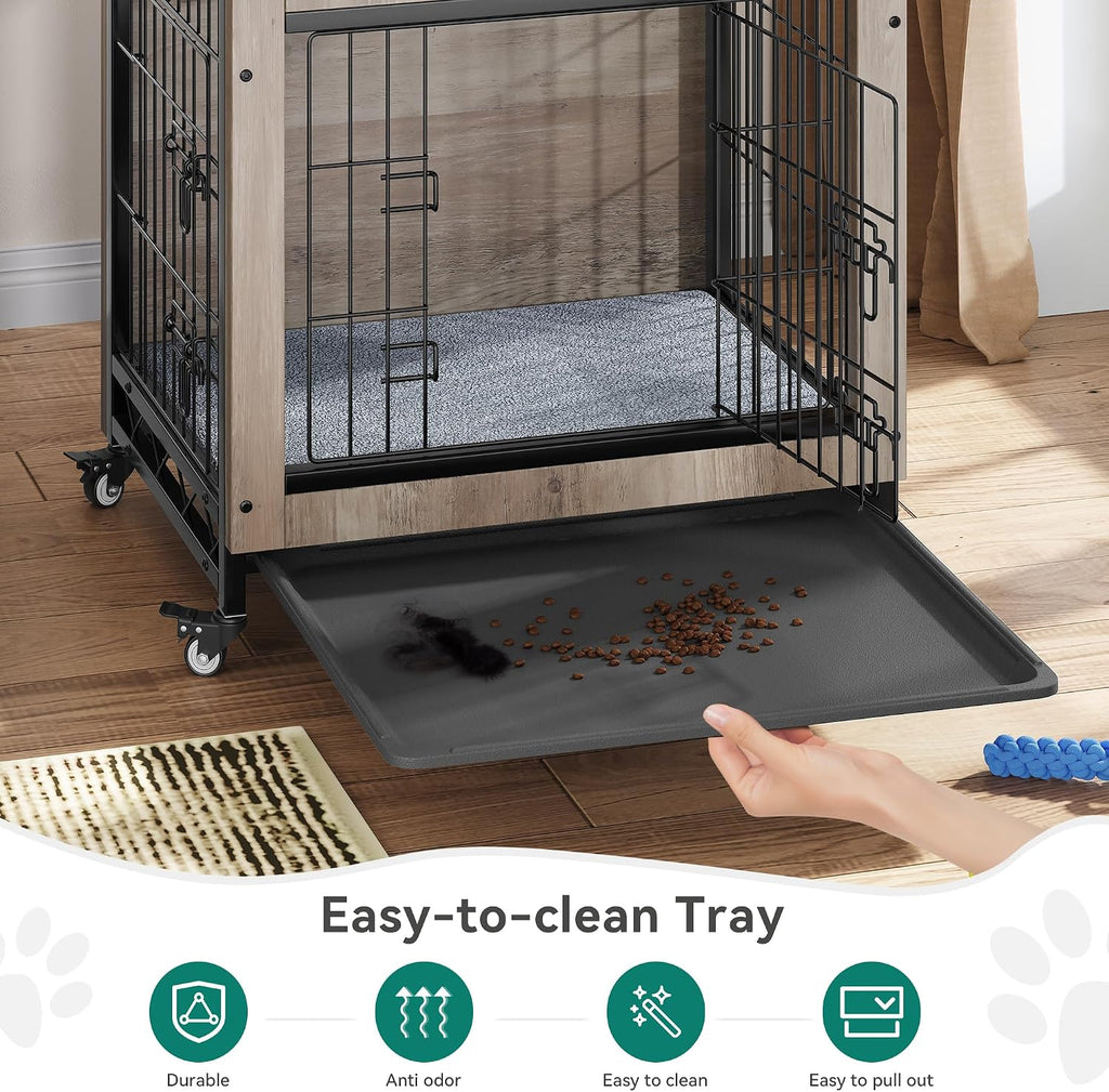 YITAHOME Dog Crate Furniture with Cushion, Dog Kennel Indoor with Wheels, Dogs Crate End Table with Tray, 27' Cage with Double Doors for Small Dogs (Gray)