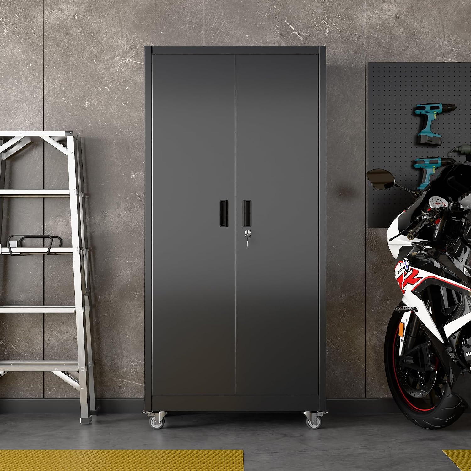 Reemoon Metal Storage Cabinet with Wheels and Pegboard, 71' Tall Garage Storage Cabinet with 5 Adjustable Shelves and Locking Doors, Heavy Duty Steel Utility Cabinet for Office