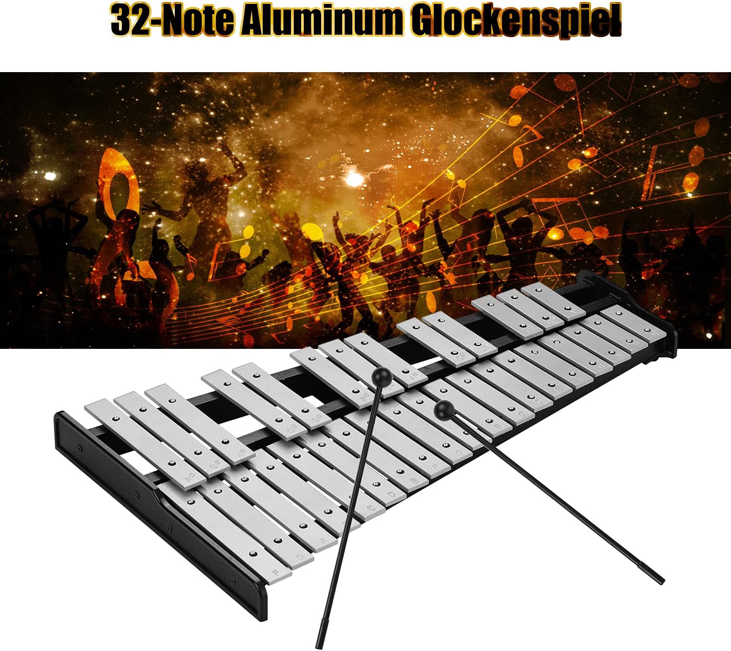 32 Note Glockenspiel Bell Kit Wooden Base Aluminum Bars Percussion Instrument with Bag for Adults with Mallets