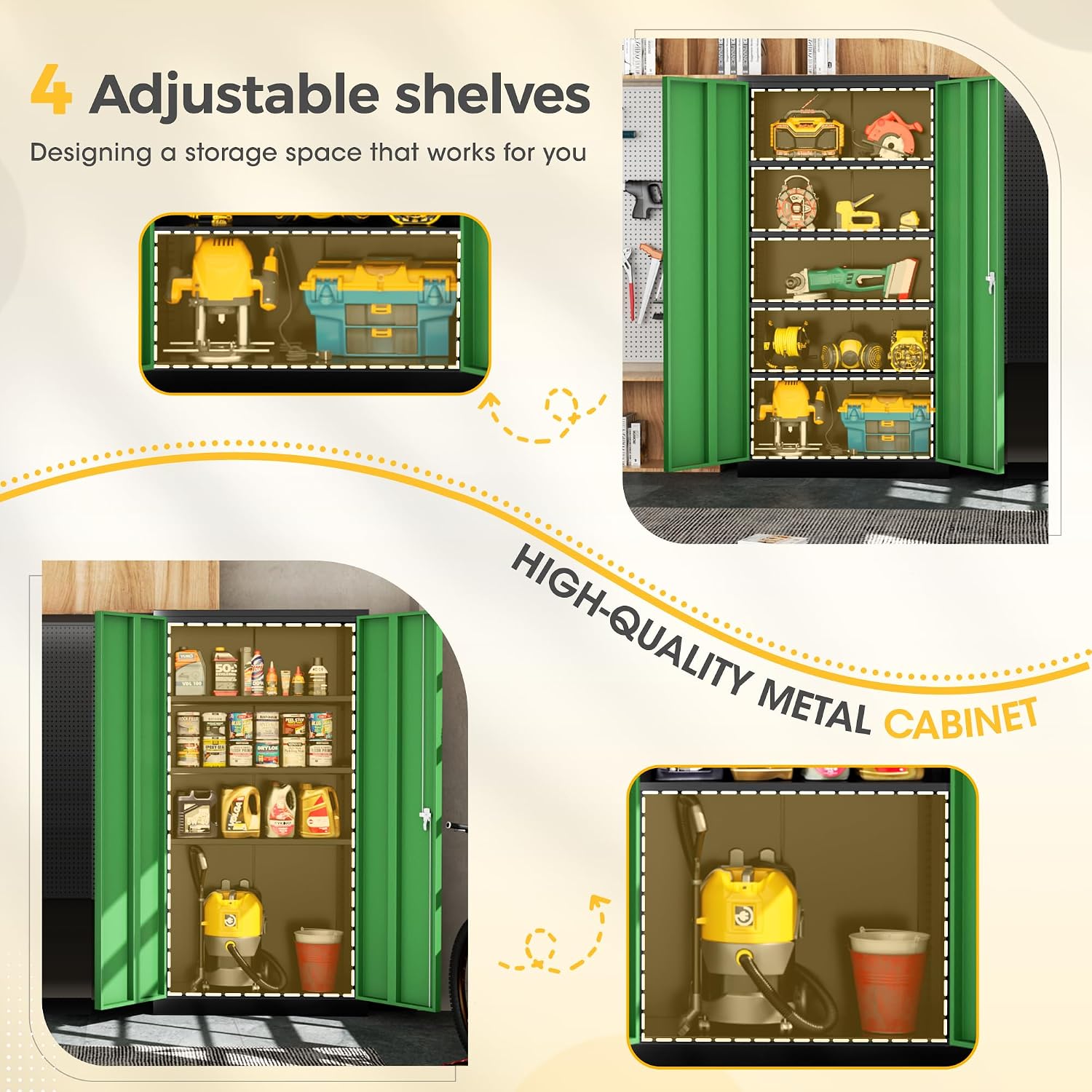 Greenvelly 72' H Metal Garage Storage Cabinet with 2 Doors and 4 Adjustable Shelves, Black Green Metal Cabinet with Lock for Office,Home, Garage, Gym, School