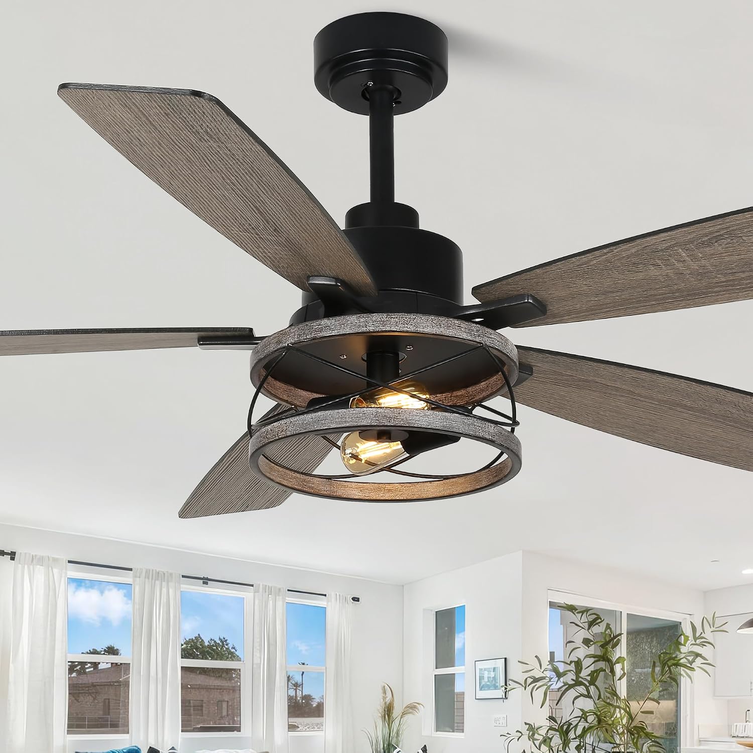 52'' Farmhouse Ceiling Fans with Lights and Remote,Chandelier Ceiling Fan with Reversible DC Motor,5 Double Colour Blades,Rustic Caged Ceiling Fan for Living Room,Dining Room,Bedroom