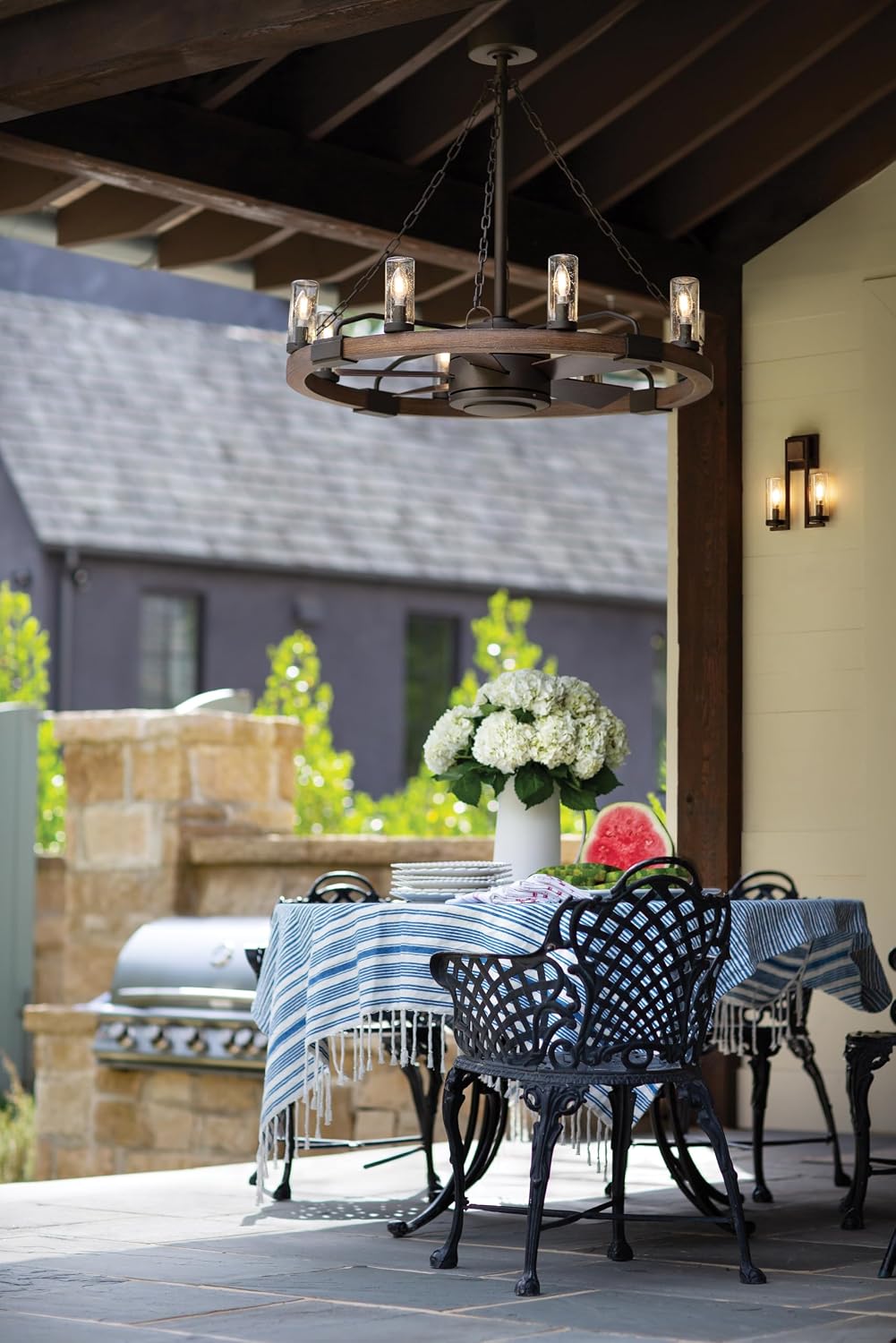 Hinkley Sawyer 36 Inch Extra Large Fandelier Wagon Wheel Chandelier with Fan Outdoor Smart Wagon Wheel Ceiling Fan LED Remote App Control Rustic Patio