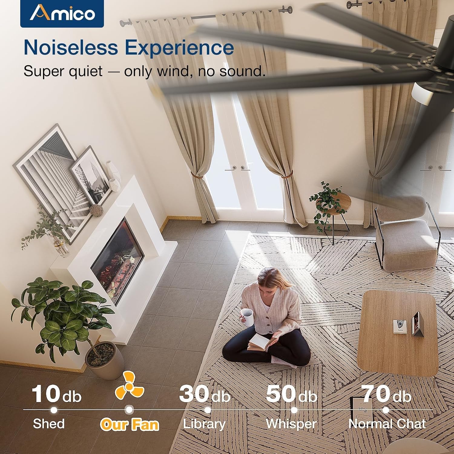 Amico 72 Inch Aluminum Ceiling Fan with Light, 8 Reversible Blades, Industrial Large Ceiling Fan with Quiet DC Motor, 6-Speed Remote Control, Indoor/Outdoor for Porch/Garage/Shop, Black