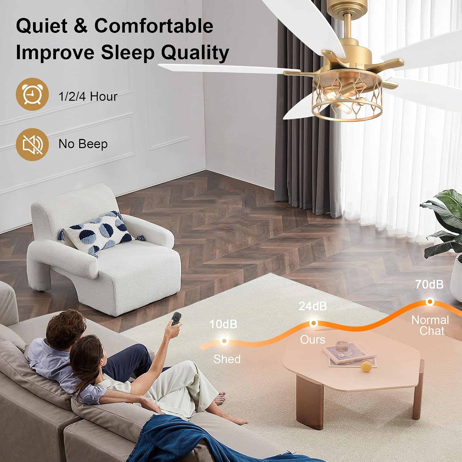 52 Inch White and Gold Ceiling Fan with Lights Modern Fandelier Ceiling Fan Industrial Caged Fandelier Farmhouse Rustic Chandelier Light for Living Room Indoor Outdoor, Reversible 6 Speeds