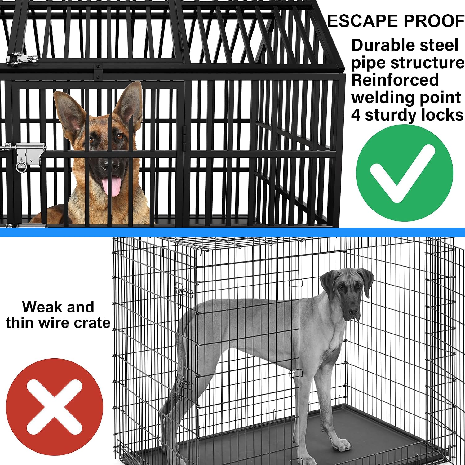 Heavy Duty Dog Crate 54 Inch Dog Pet Cage Kennel with Mat Escape Proof with Roof Top Open 4 Wheels 2 Doors Removable Trays for High Anxiety Extra Large XL XXL Dogs Breeds Great Dane Mastiff Bernard