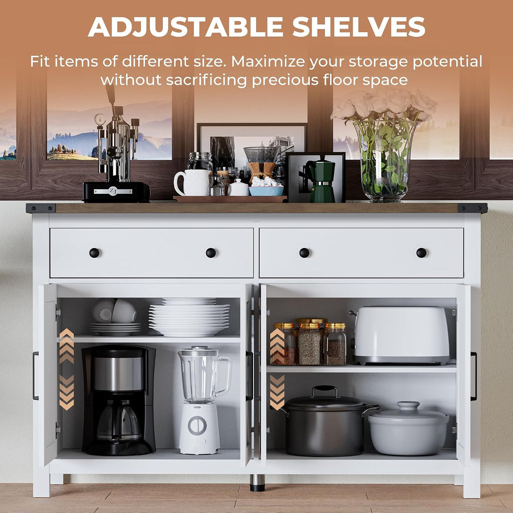 VVFLU 55' Modern Farmhouse Buffet Cabinet with Storage, Coffee Bar Cabinet with 2 Drawers and 4 Barn Doors, Sideboard Storage Cabinet for Kitchen, Dining Room, Living Room, White Wood