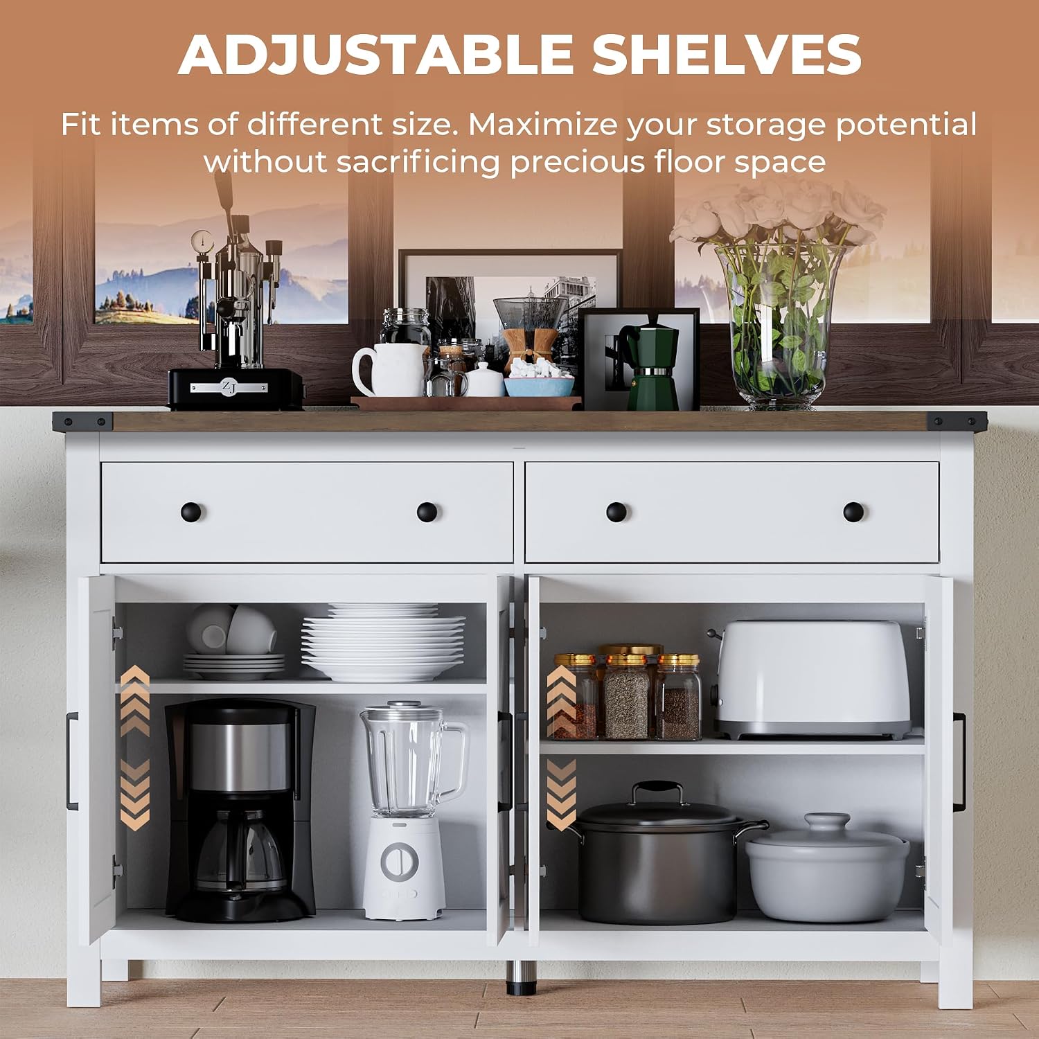 VVFLU 55' Modern Farmhouse Buffet Cabinet with Storage, Coffee Bar Cabinet with 2 Drawers and 4 Barn Doors, Sideboard Storage Cabinet for Kitchen, Dining Room, Living Room, White Wood