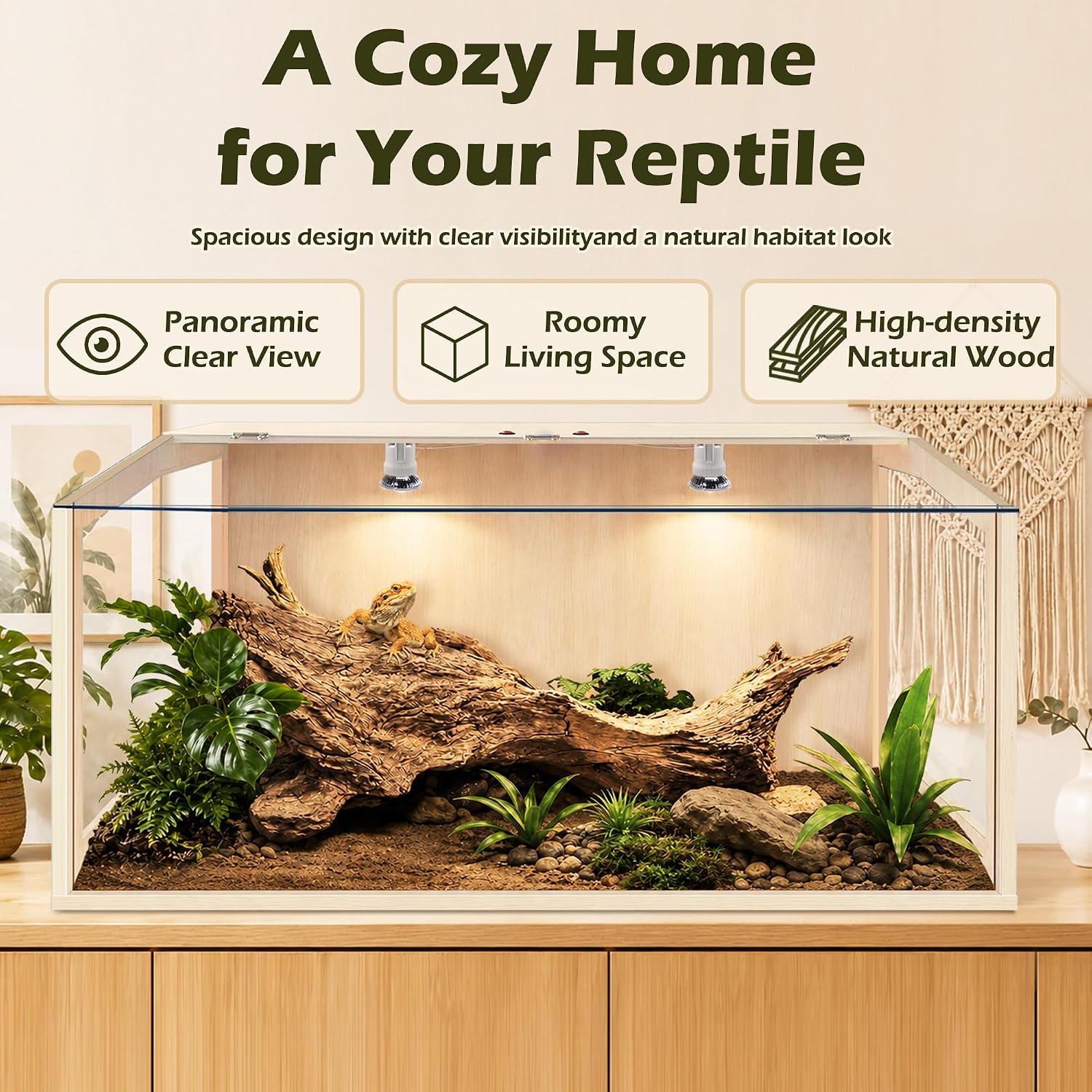 PROLEE Bearded Dragon Tank, Lizard Tank with Clear Tempered Glass, Anti-Scratch Reptile Enclosure, Reptile Tank Built-in Light Fixtures with Switch (32X16X16inch,34 Gallon)