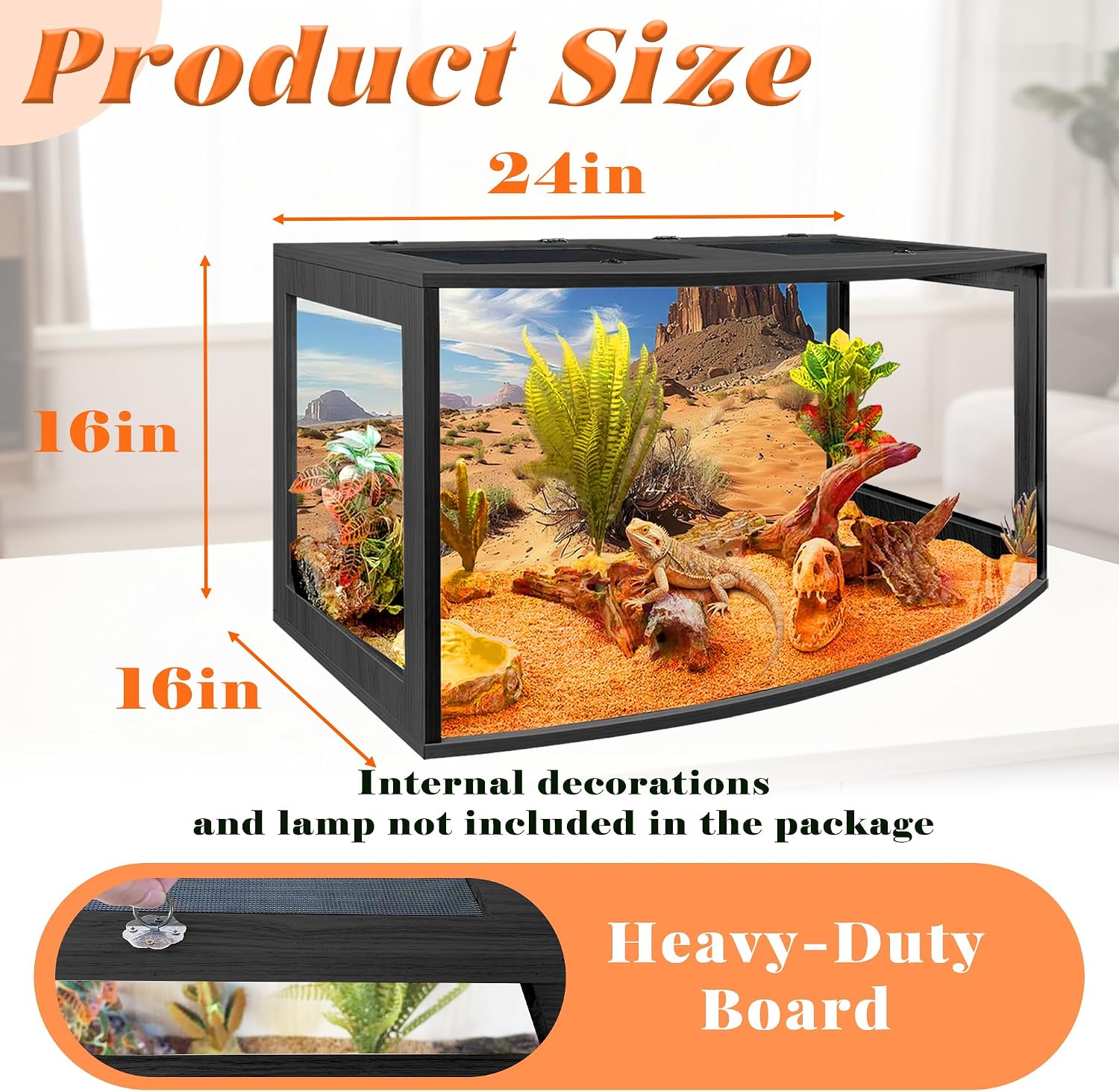PROLEE Bearded Dragon Tank, Curved Reptile Enclosure with 3-Side Clear Acrylic Panels, Spacious Lizard Tank with Metal Mesh Top and Lockable Door for Reptile Habitat (Black, 24' Length,24 Gallons)