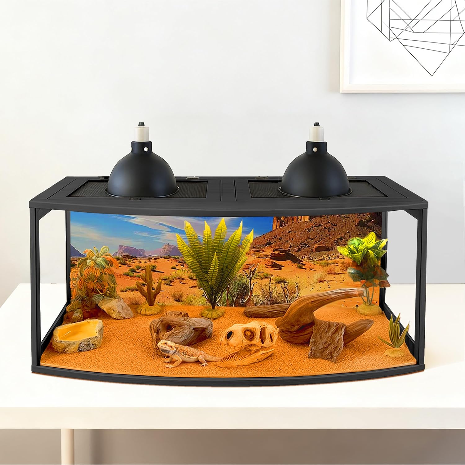 PROLEE Bearded Dragon Tank, Curved Reptile Enclosure with 3-Side Clear Acrylic Panels, Spacious Lizard Tank with Metal Mesh Top and Lockable Door for Reptile Habitat (Black, 32' Length,34 Gallons)