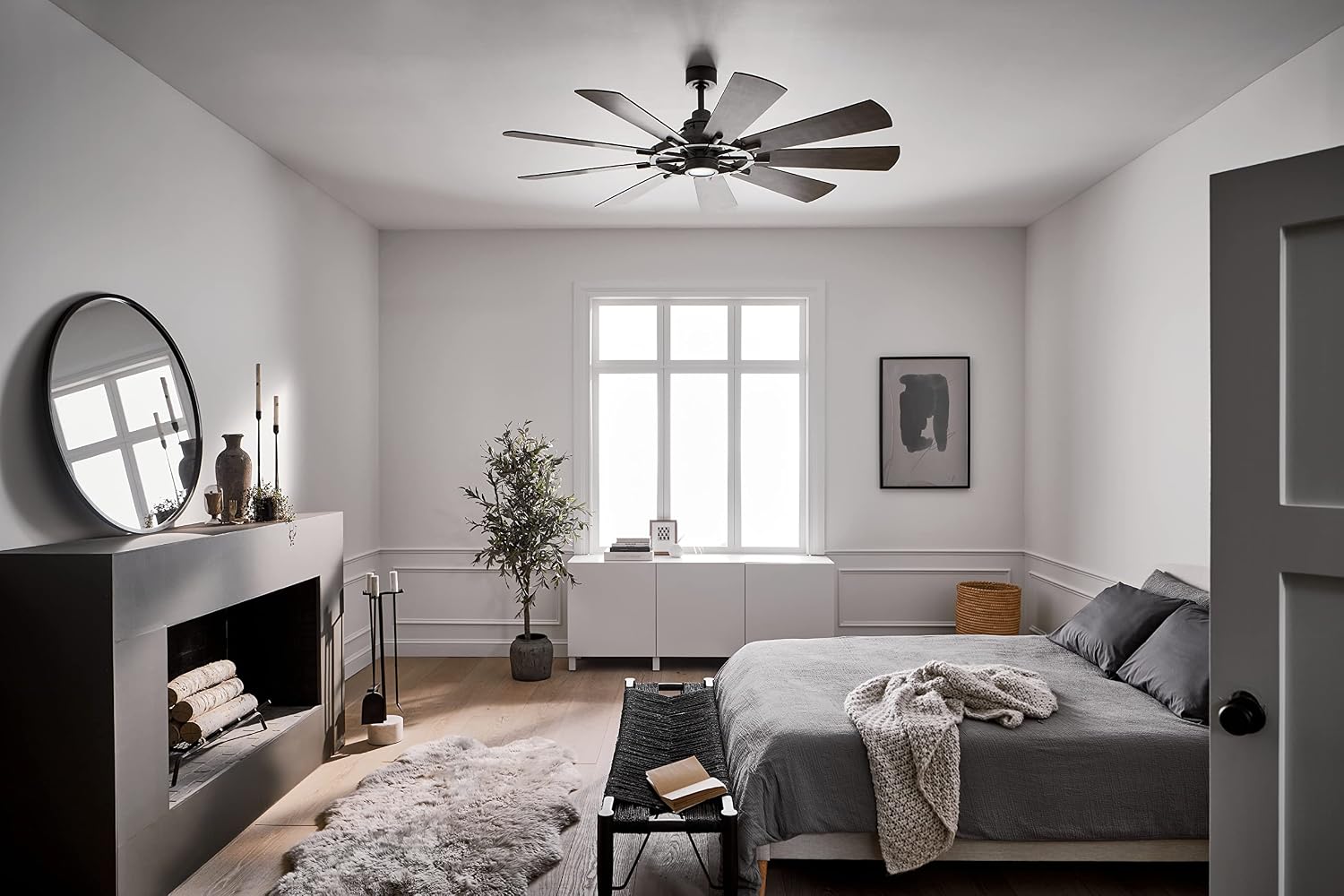 Kichler Gentry XL 65' Ceiling Fan with Lights, 1-Light LED, 3000K, 9-Blade Modern Industrial Fan for Bedroom in Anvil Iron, (65' W x 16.5' H), 300265AVI