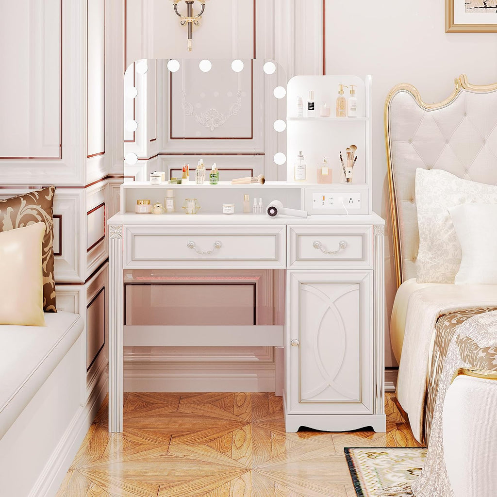 Lareth Vanity Desk with Lighted Mirror, 39.4 inch Vintage Makeup Table with Power Outlet, Bedroom Vanity Dressing Table with Adjustable Lights & 2 Drawers, Gifts for Teen Girls Women, White