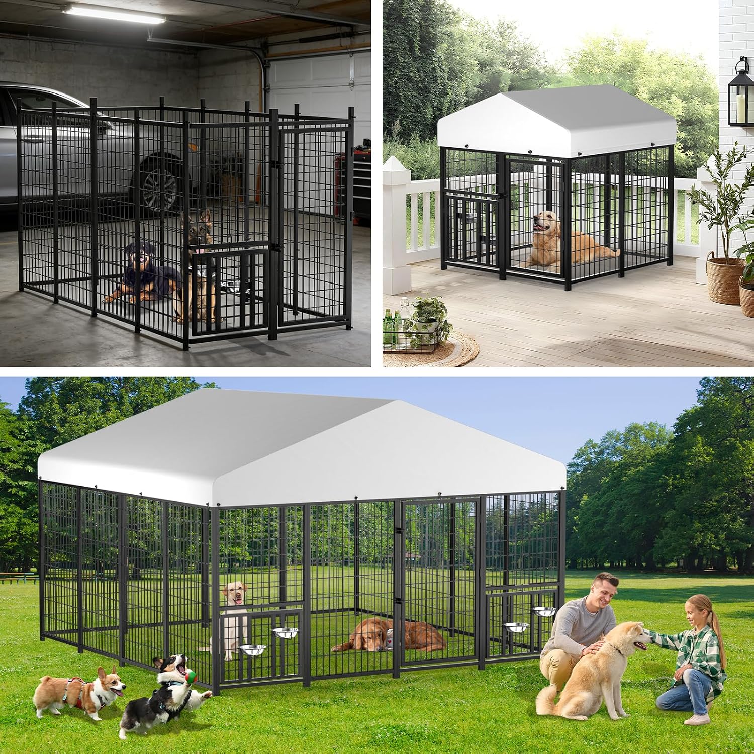 LOVMOR Outdoor Dog Kennel with Roof, Heavy Duty Steel Dog Run Enclosure for Large Dogs, Waterproof Canopy, Double Latch Door, Adjustable Feeding Bowls, Pet Pen for Yard and Patio, 10'L x 10'W x 6.5'H