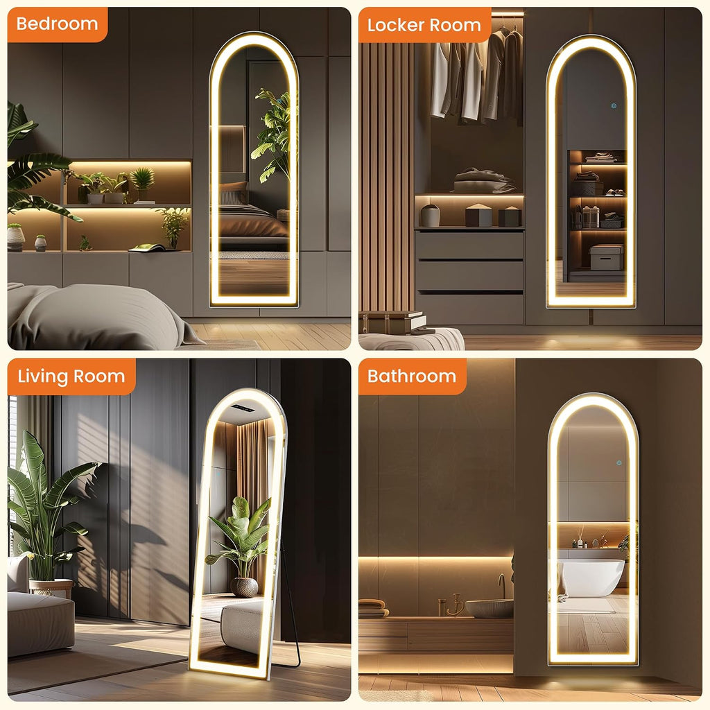 Elevon Full Length Mirror with LED Lights, 63'x20' Floor Mirror with Dimming & 3 Color Lighting, Led Mirrors Full Length with Stand for Bedroom, Dressing Room, Arched
