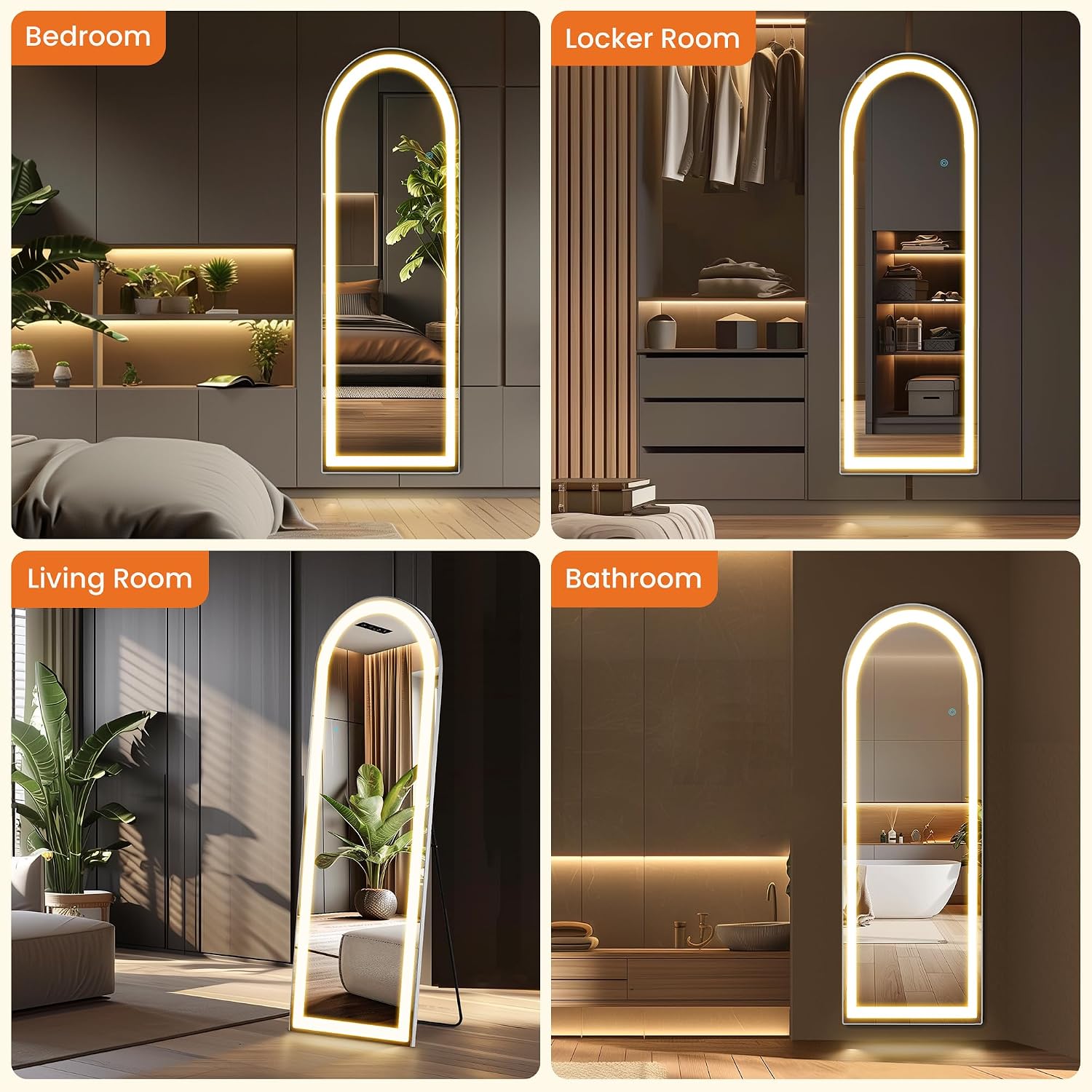 Elevon Full Length Mirror with LED Lights, 63'x20' Floor Mirror with Dimming & 3 Color Lighting, Led Mirrors Full Length with Stand for Bedroom, Dressing Room, Arched