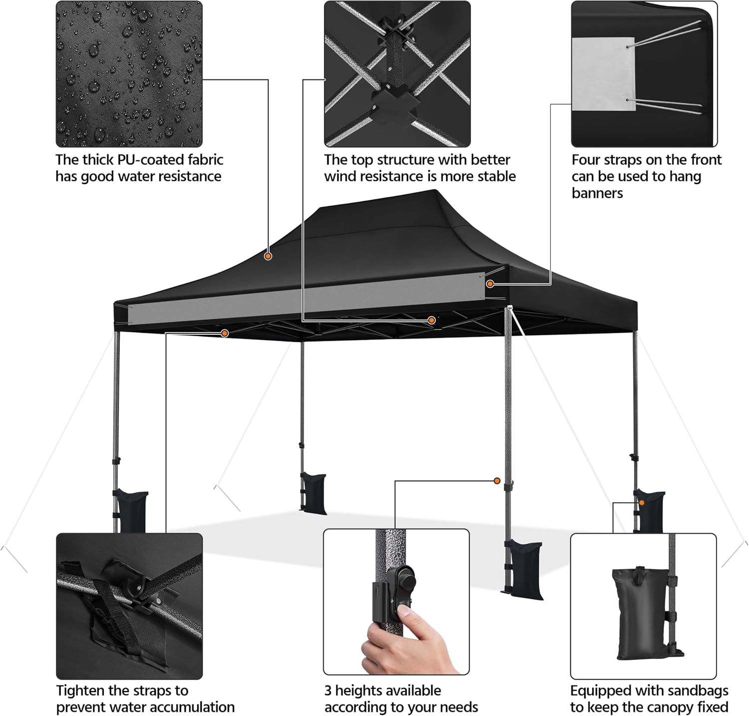 Yaheetech Heavy Duty Pop Up Canopy Tent, 10x15 Commercial Instant Shelter Tent, Outdoor Adjustable Canopy with Wheeled Bag, 4 Sandbags & 8 Stakes, Black