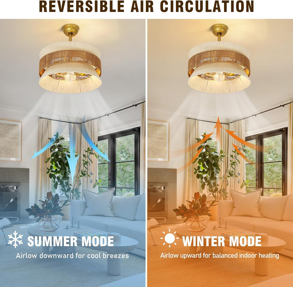 Boho Fandelier Ceiling Fan with Light，Gold Rattan Chandelier Fan Remote Caged Fandelier Ceiling Fan for Bedroom,Nursery,Foyer,Kitchen and Living Room，6 Speeds Timing Adjustment Height Enclosed,20Inch