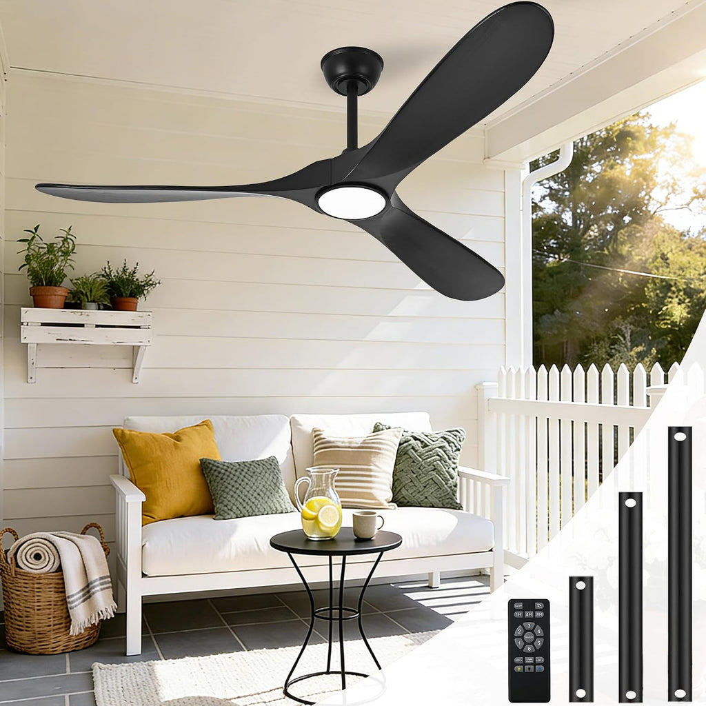 Ceiling Fan with Light and Remote, Modern Outdoor Ceiling Fans with Lights for Indoor Bedroom Living Room Patios Gazebo Wood 3 Blade Propeller High CFM Wet Rated Exterior Fan, Black 60 Inch