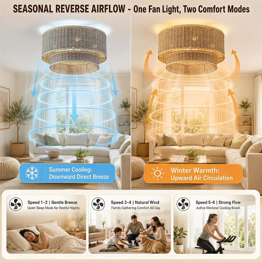 Boho Rattan Ceiling Fan with Light, Flush Mount Woven Fandelier with Remote,2-Tier Layered Caged Ceiling Fan Light Fixture, 6-Speed Reversible Low Profile Fan for Bedroom Kitchen Dining Room
