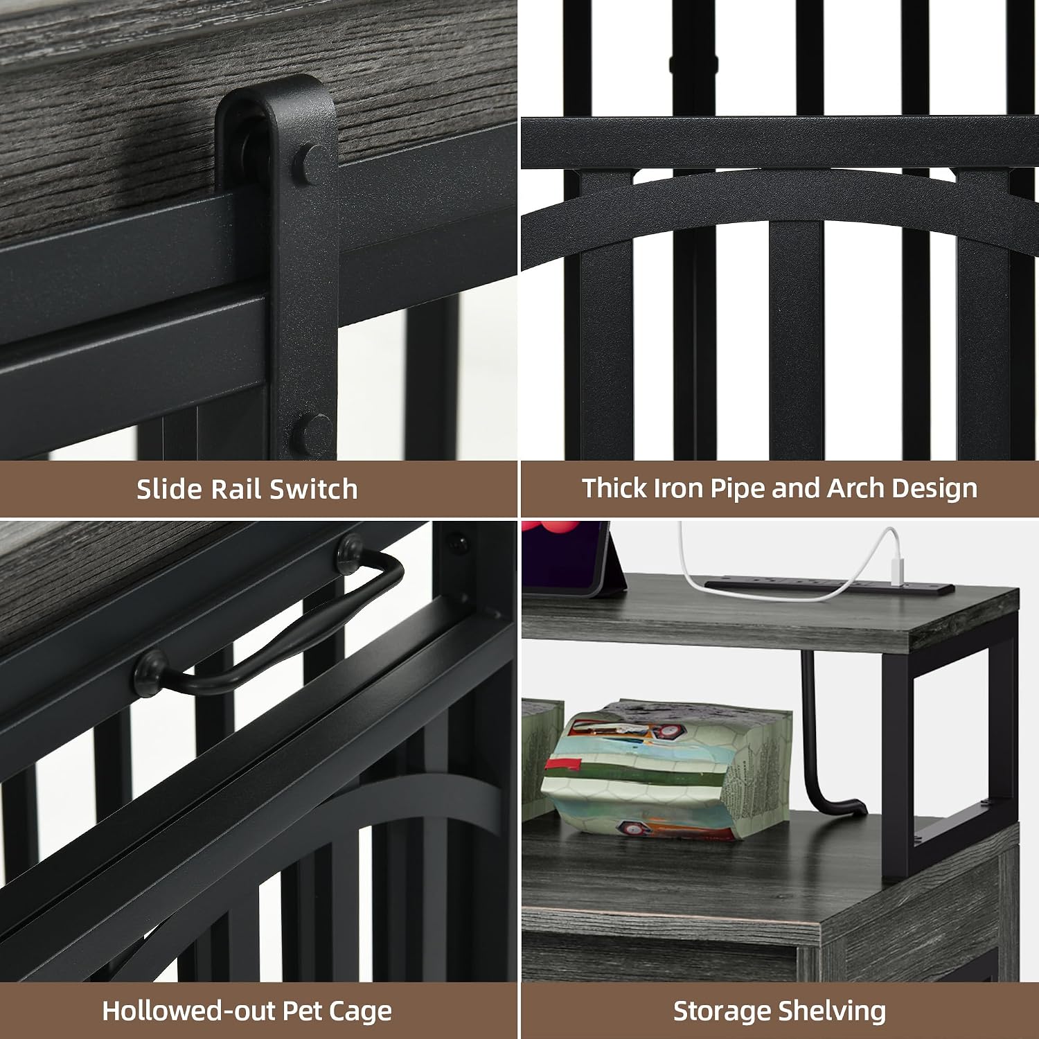 DWVO 71' Double Dog Crate Furniture with LED Light & Power Outlets, Heavy Duty Dual Dog Kennel TV Stand w Storage Shelves Sliding Doors, Wooden Two Dog Cage Table 2 Medium Large Dogs, Black Oak