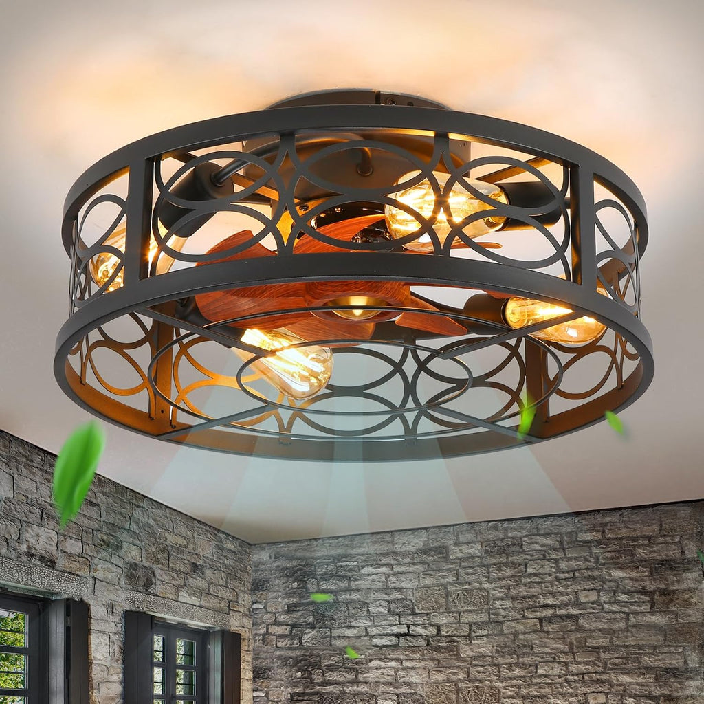 20' Caged Ceiling Fan with Light and Remote，Bladeless Ceiling Fan 6 Speed Reversible with 4 Bulbs and Remote Control.Low Profile Ceiling Fans with Lights for Bedroom, Dining Room
