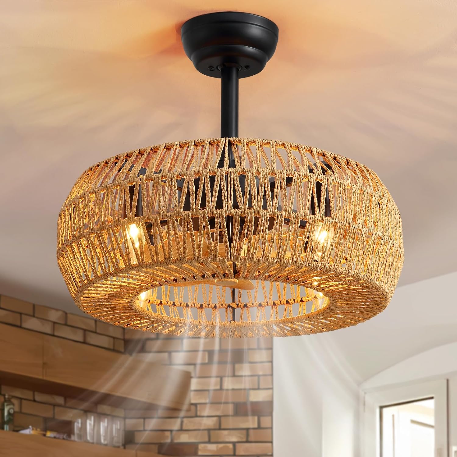20' Boho Caged Ceiling Fan with Lights Remote Control, Rattan Cage Low Profile Bladeless Ceiling Fan, Farmhouse Ceiling Fans with Light for Kitchen, Bedroom, Dining Room
