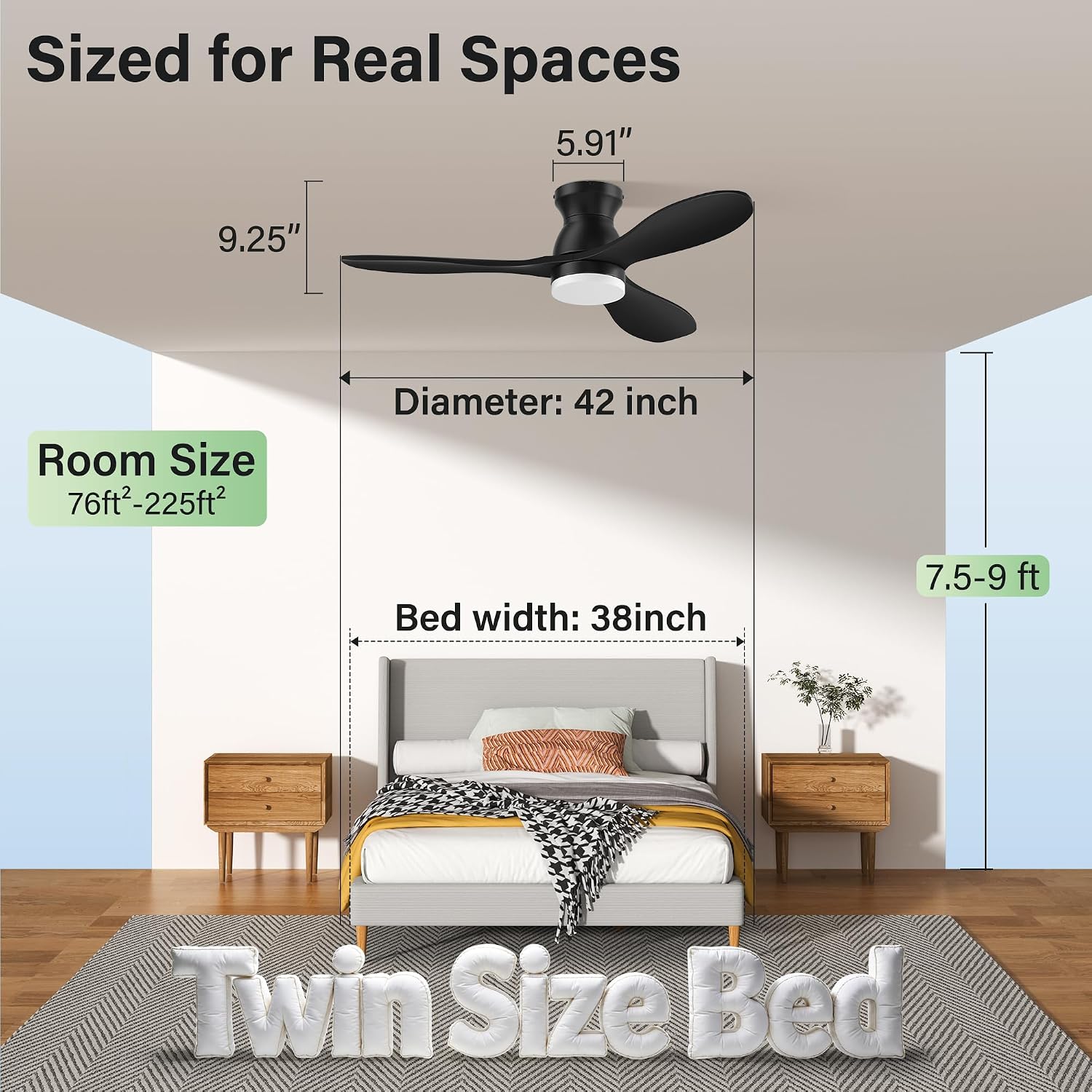42' Wood Ceiling Fans with Lights, Smart Control by Remote Alexa APP,Quiet DC Motor,Modern Flush Mount Hugger Ceiling Fan for Low Profile Bedroom,Patio,Outdoor Indoor,Matte Black,Dim,6 Speed,3 Blade