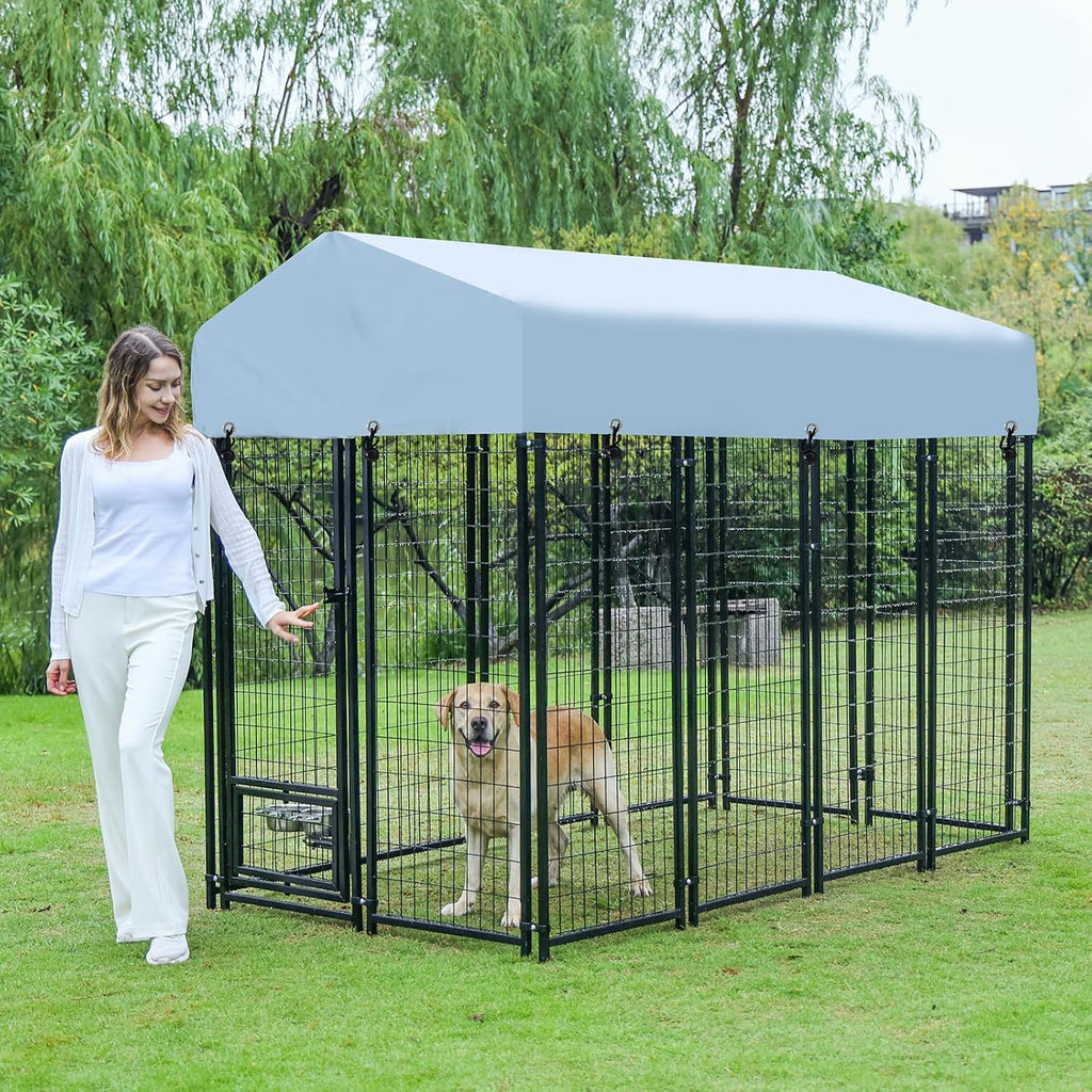 8x4x6 FT Dog Kennel Outdoor for Large Dogs - Heavy Duty Welded Steel Dog Playpen with Waterproof Roof, 360° Rotating Bowls, Latch-Lock Outdoor Dog Run Enclosure