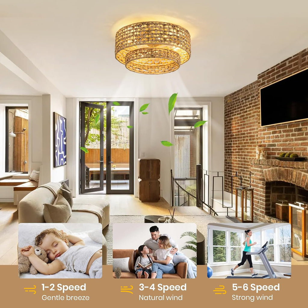 Boho Caged Ceiling Fan with Lights Flush Mount, Handwoven Layered Rattan Fandelier ceiling fan with Remote Control, Reversible 6-Speed Enclosed Ceiling Fan Light for Bedroom, Living Room, Nursery, E26