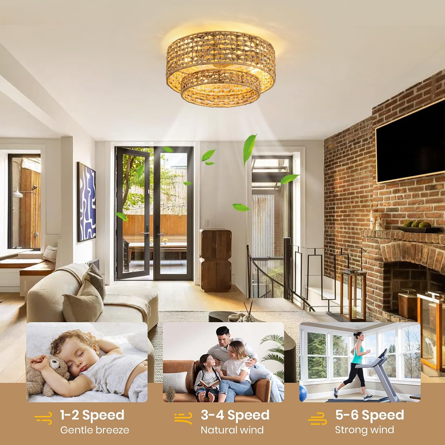 Boho Caged Ceiling Fan with Lights Flush Mount, Handwoven Layered Rattan Fandelier ceiling fan with Remote Control, Reversible 6-Speed Enclosed Ceiling Fan Light for Bedroom, Living Room, Nursery, E26