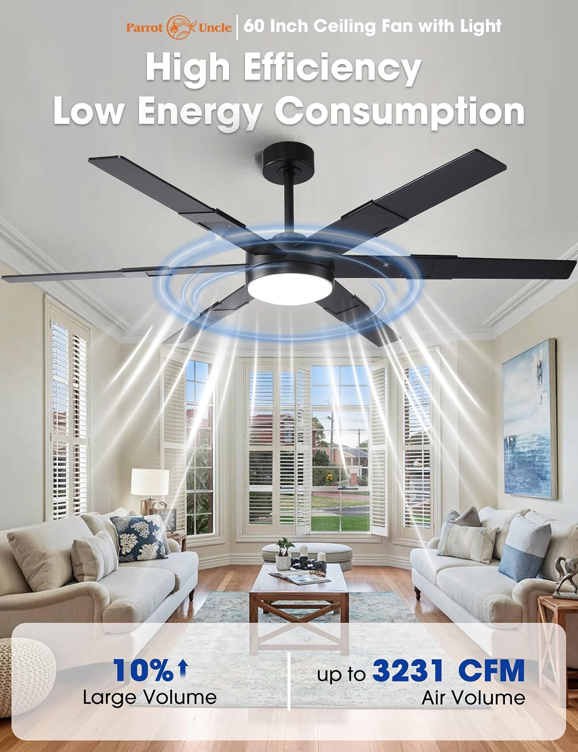 Smart Ceiling Fans with Lights and Remote & APP Control, 60 Inch Farmhouse Ceiling Fans for Living Room Bedroom, 6-Speed Reversible DC Motor, Dimmable LED Light, 3CCT, Ventilador de Techo con Luz