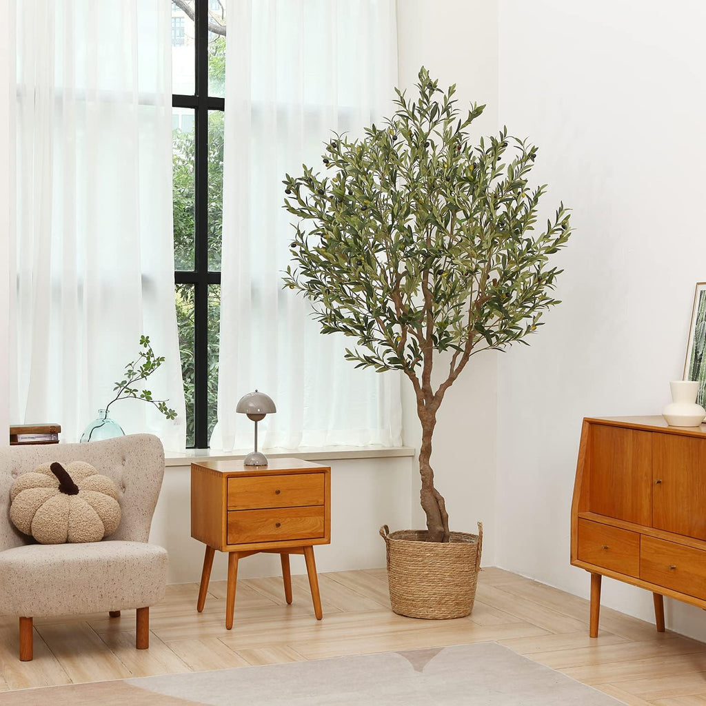 LOMANTO Olive Trees Artificial Indoor, 7Ft Artificial Olive Plants, Tall Faux Olive Tree, Fake Topiary Silk Tree in Pot with Olive Branch & Fruit, Home Office Modern Decor Gift for Housewarming 1Pack
