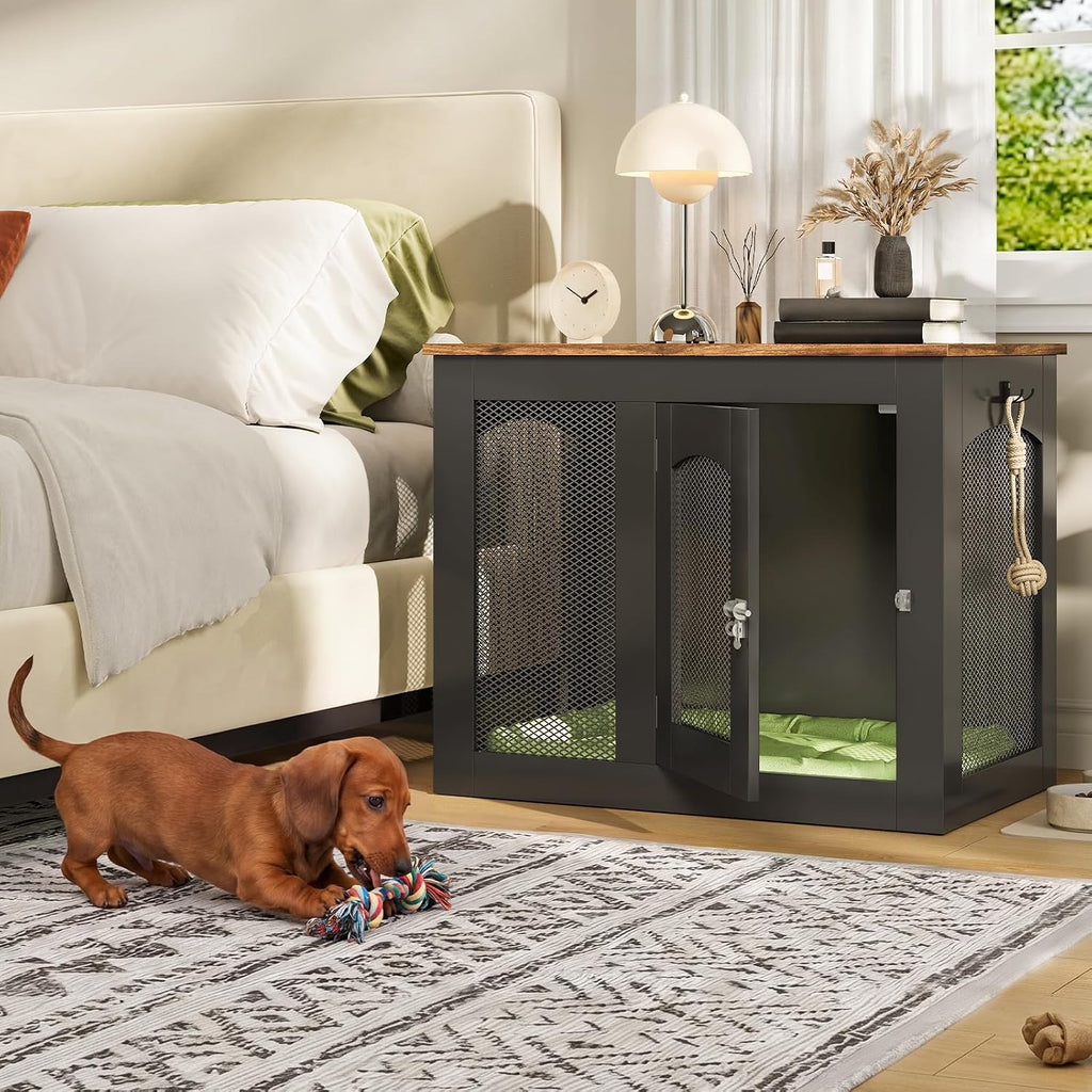 CHOEZON Wooden 30.1' Dog Crate Furniture, Farmhouse Pet Cage End Table with Secure Lock, Ventilated Mesh for Medium Dogs, Dog Kennel Furniture for Living Room, Bedroom, Black and Walnut MGW02BL