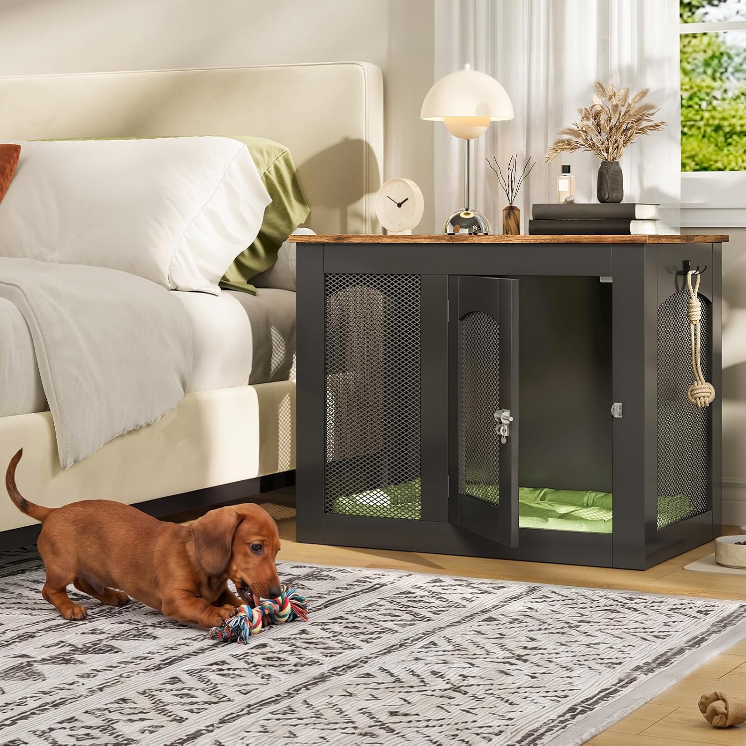CHOEZON Wooden 30.1' Dog Crate Furniture, Farmhouse Pet Cage End Table with Secure Lock, Ventilated Mesh for Medium Dogs, Dog Kennel Furniture for Living Room, Bedroom, Black and Walnut MGW02BL