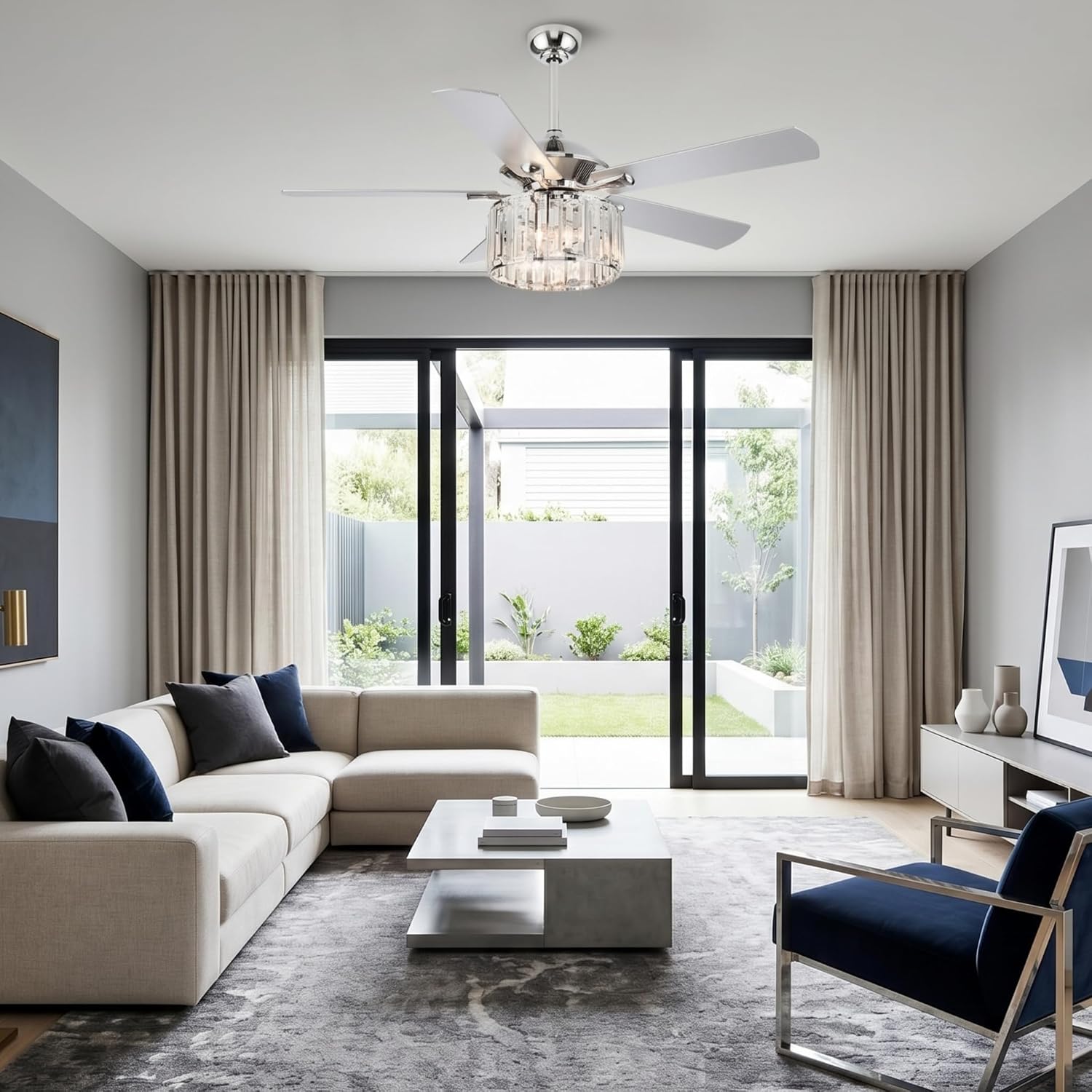 Parrot Uncle Ceiling Fans with Lights and Remote 52 Inch Ceiling Fan with Light for Bedroom Crystal Chandelier Outdoor Ceiling Fans for Patios Covered, Silver
