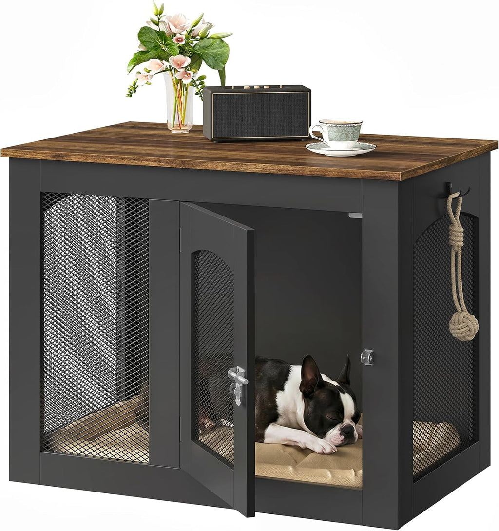 CHOEZON Wooden 30.1' Dog Crate Furniture, Farmhouse Pet Cage End Table with Secure Lock, Ventilated Mesh for Medium Dogs, Dog Kennel Furniture for Living Room, Bedroom, Black and Walnut MGW02BL