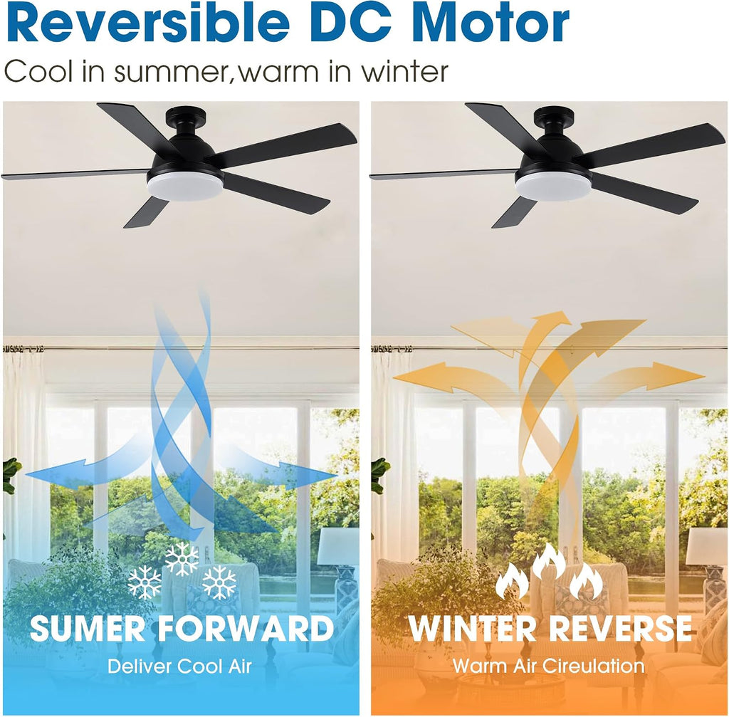 Black Ceiling Fans with Lights, 52 Inch Outdoor Ceiling Fans with Lights and Remote, Modern Indoor Bedroom Ceiling Fan Noiseless, Reversible Blades, DC Motor