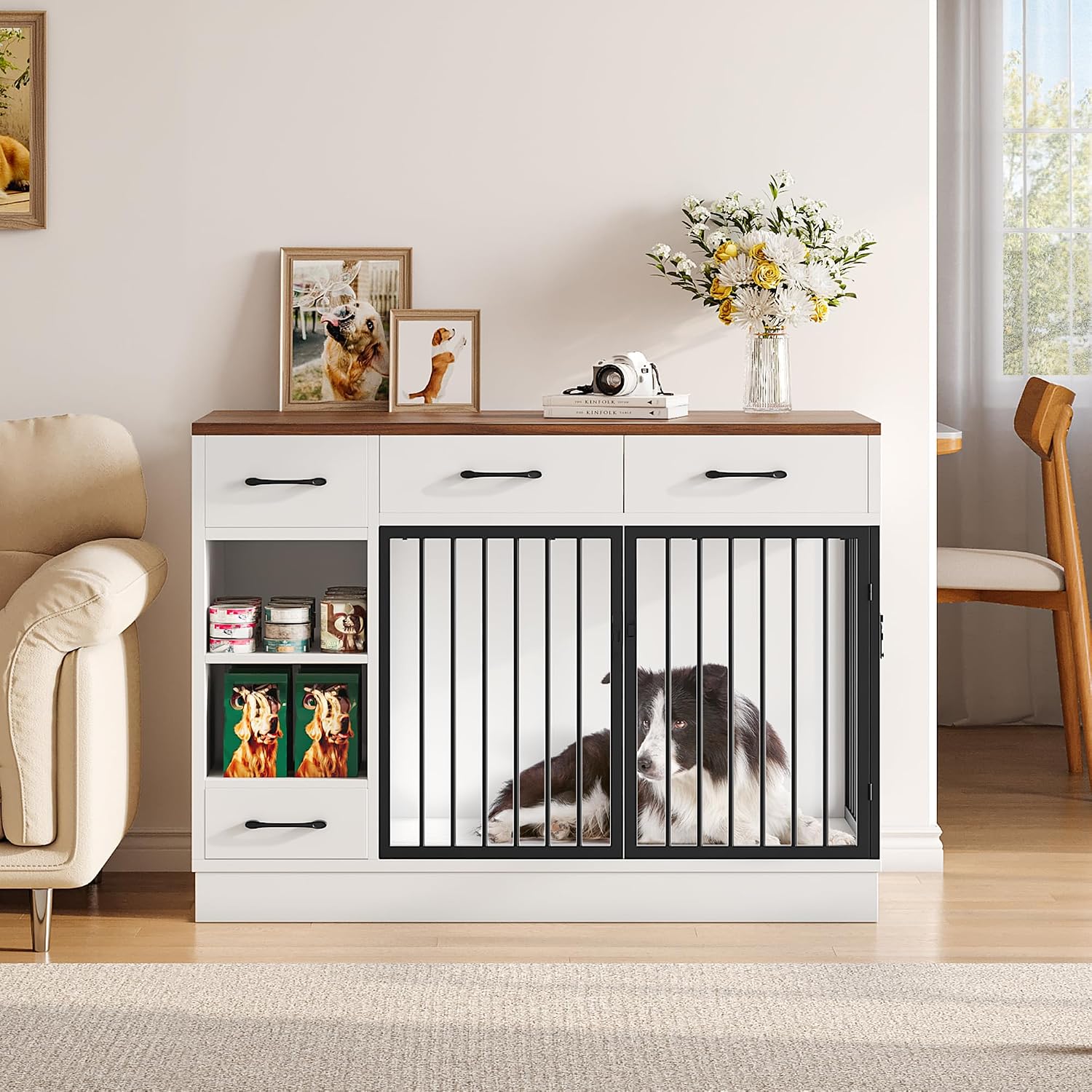 Dog Crate with Hidden Feeder Bowl & 3 Storage Drawers - 47.2' Wooden Dog Cage Indoor with Adjustable Shelf, 2 Doors Dog Kennel Furniture for Medium & Small Dogs, Multi-Functional Pet End Table