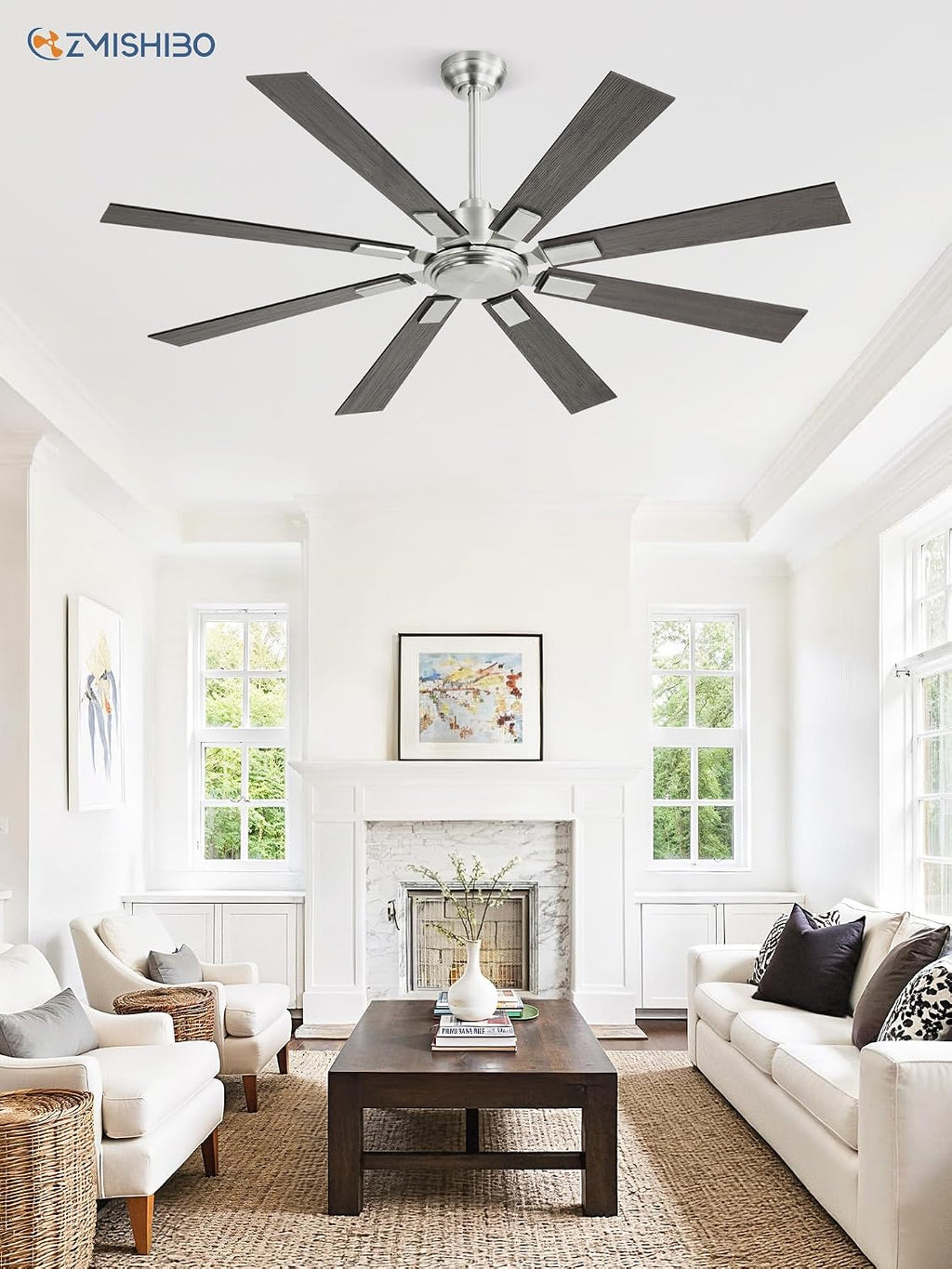ZMISHIBO 62 Inch Ceiling Fans without Light, Brushed Nickel Modern Ceiling Fan no Lights, Quiet Reversible DC Motor, 6-Speeds, Outdoor Ceiling Fans for Patios, Living Room, Bedroom, Indoor/Outdoor Use